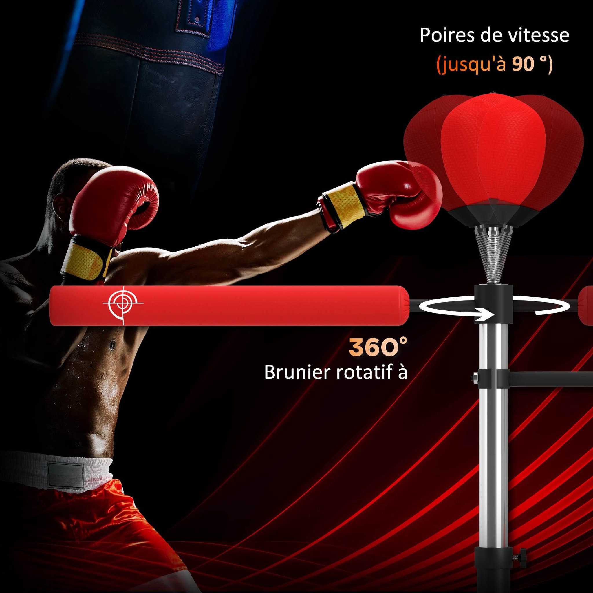 Voir la diapositive 4 : HOMCOM Sac de frappe boxe autoportant punching ball brunier 3 en 1 revêtement synthétique dim. 88l x 50l x 160-230h cm rouge