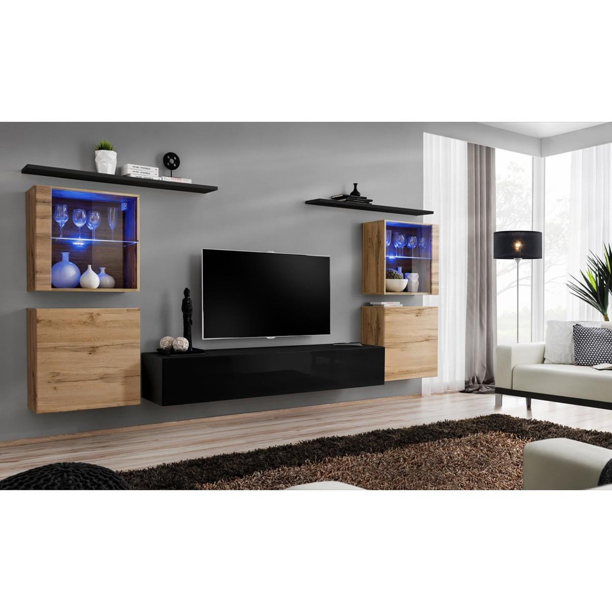 Voir la diapositive 2 : Paris Prix Meuble tv mural design  switch xiv  320cm naturel & noir