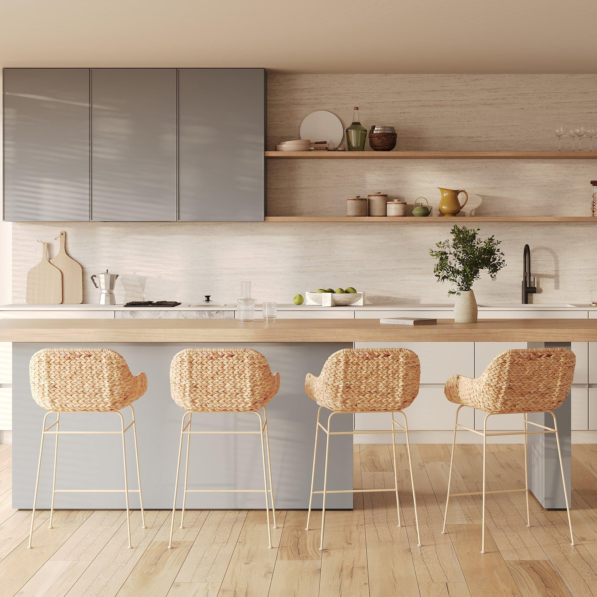 Voir la diapositive 6 : MAISON PAVANE Lot de 2 chaises pour îlot central 66 cm en matière naturelle-faro