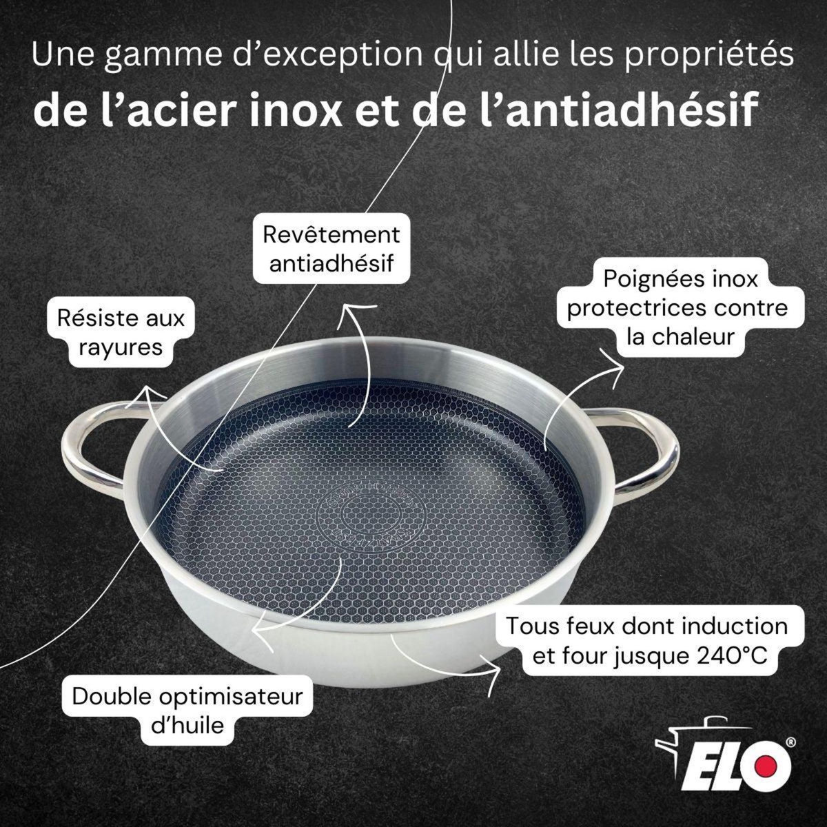 ELO Sautoir 28 cm en inox 18/10 avec couvercle Elo Relief Evolution