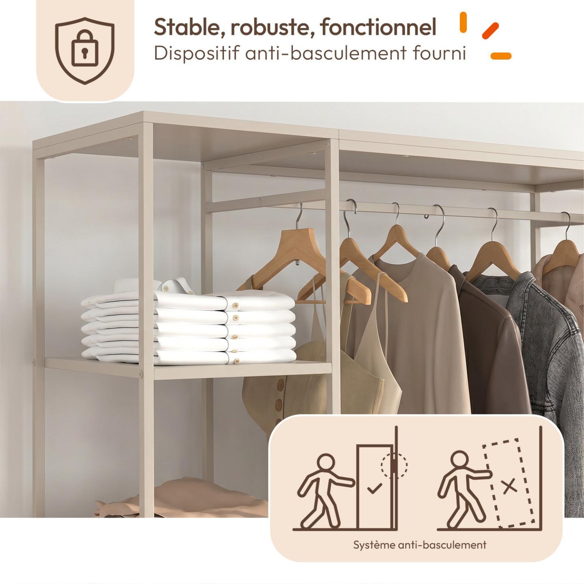 Voir la diapositive 6 : ID MARKET Dressing double penderie + double colonne l. 140 cm utah avec 6 étagères et 6 bacs en tissu beige