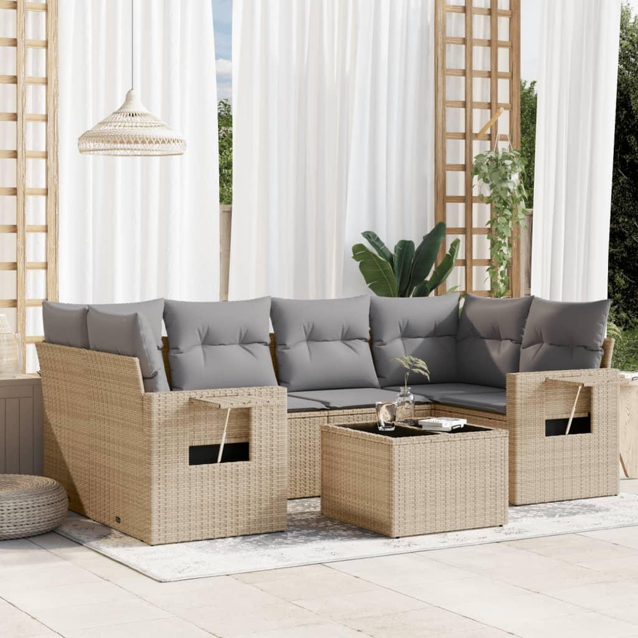 VIDAXL Salon de jardin avec coussins 7 pcs beige resine tressee