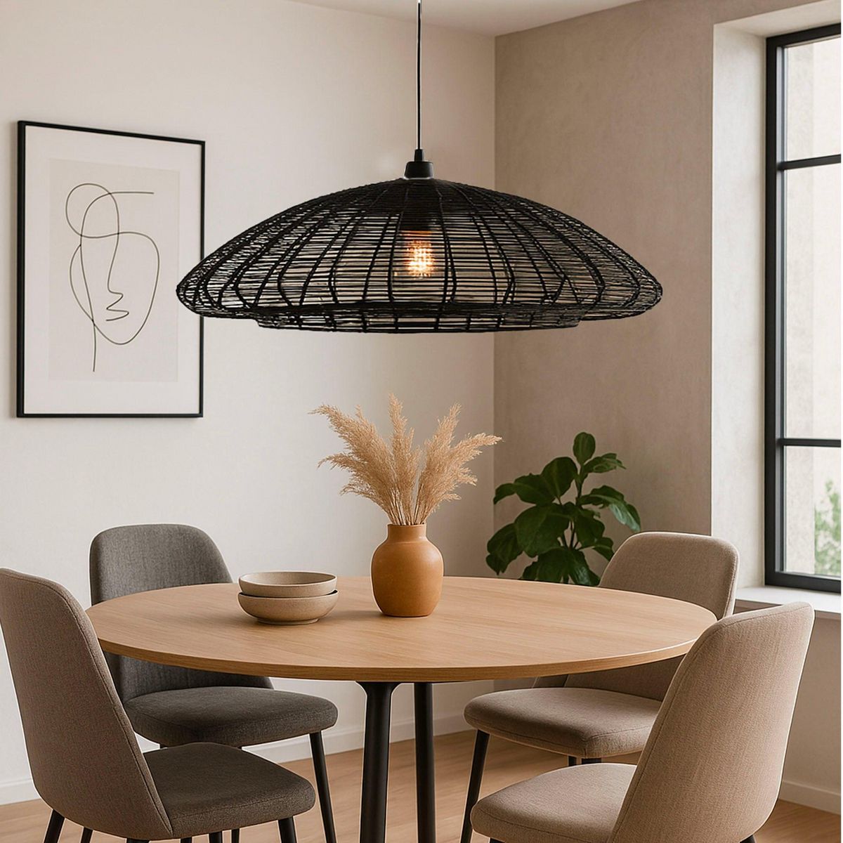 Lumisky Grande Suspension intérieur ALBA Noir Fibre naturelle D80CM