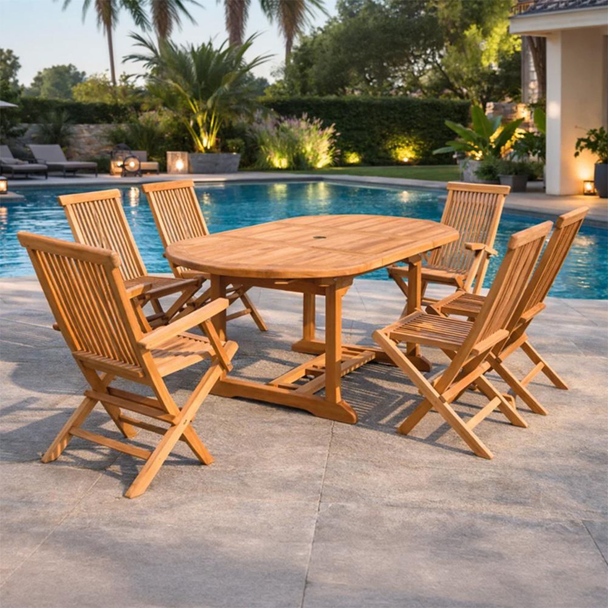 Voir la diapositive 2 : CONCEPT USINE Table de jardin ovale et 4 chaises et 2 fauteuils en teck kajang