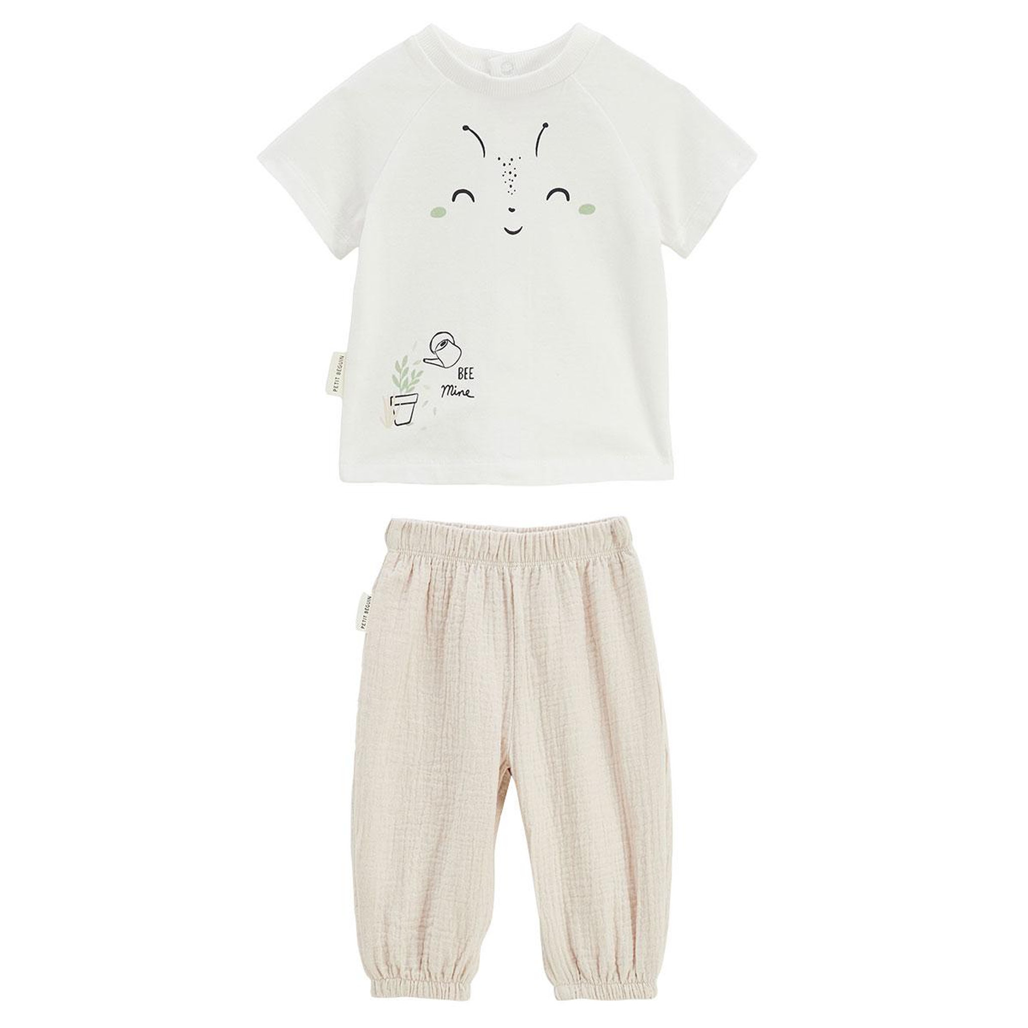 Petit Béguin Ensemble bébé t-shirt et pantalon en gaze de coton eden. Coloris disponibles : Beige