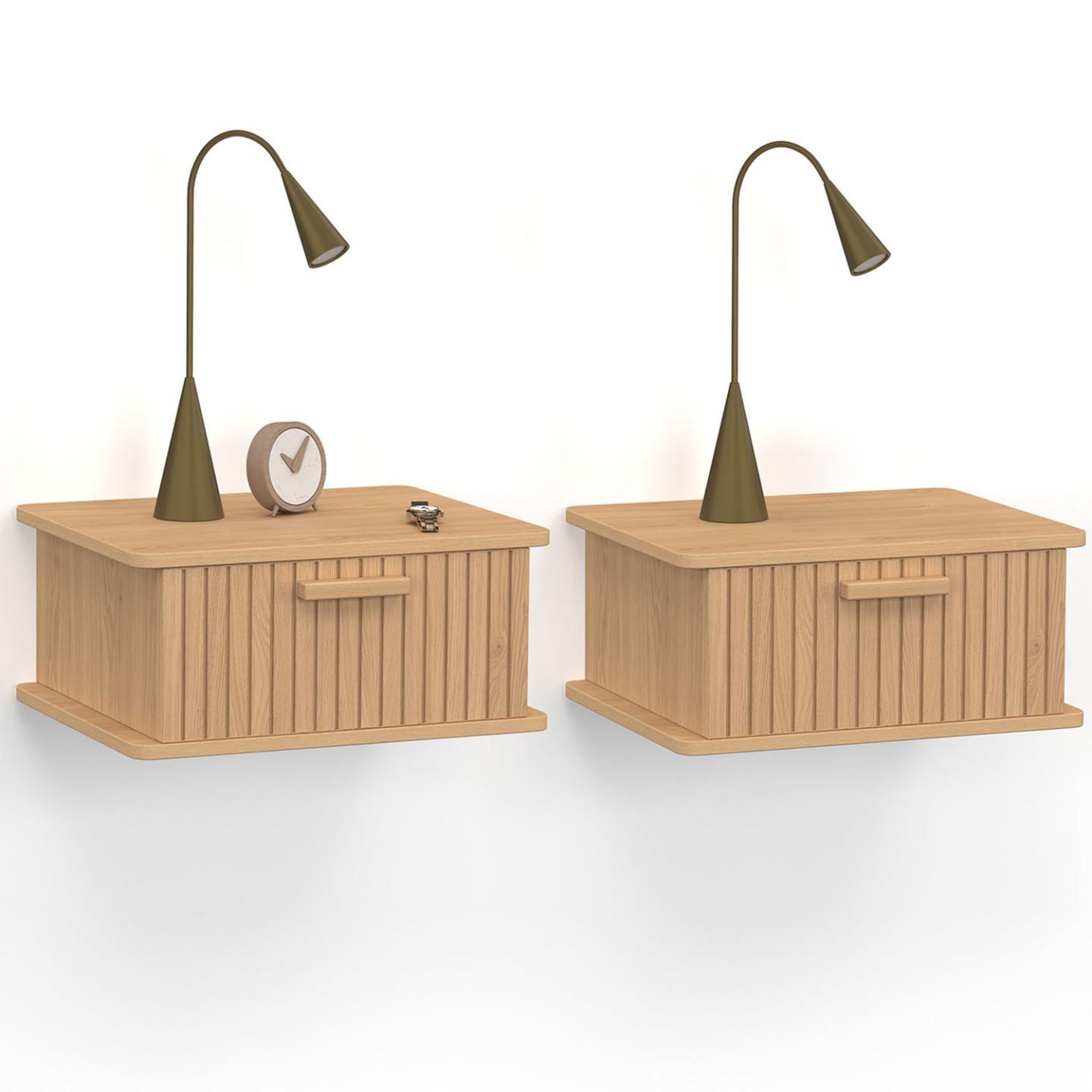 ID MARKET Lot de 2 tables de chevet murales JULIETTE 1 tiroir étagère suspendue lattes tasseau bois