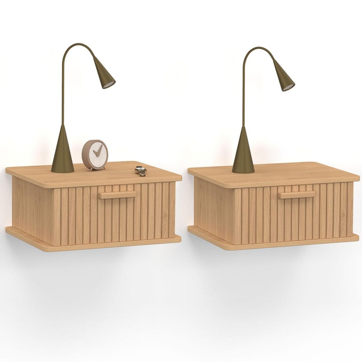 ID MARKET Lot de 2 tables de chevet murales JULIETTE 1 tiroir étagère suspendue lattes tasseau bois