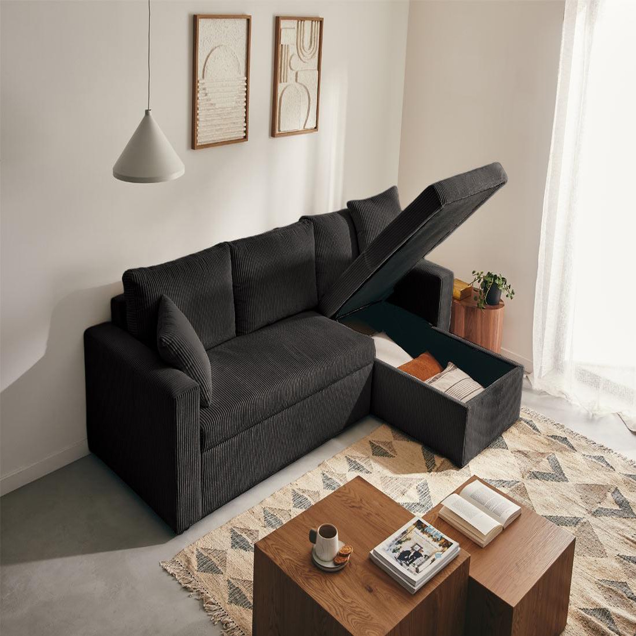 Voir la diapositive 2 : BEST MOBILIER Cyrus - canapé d'angle réversible 4 places - convertible avec coffre - en velours côtelé