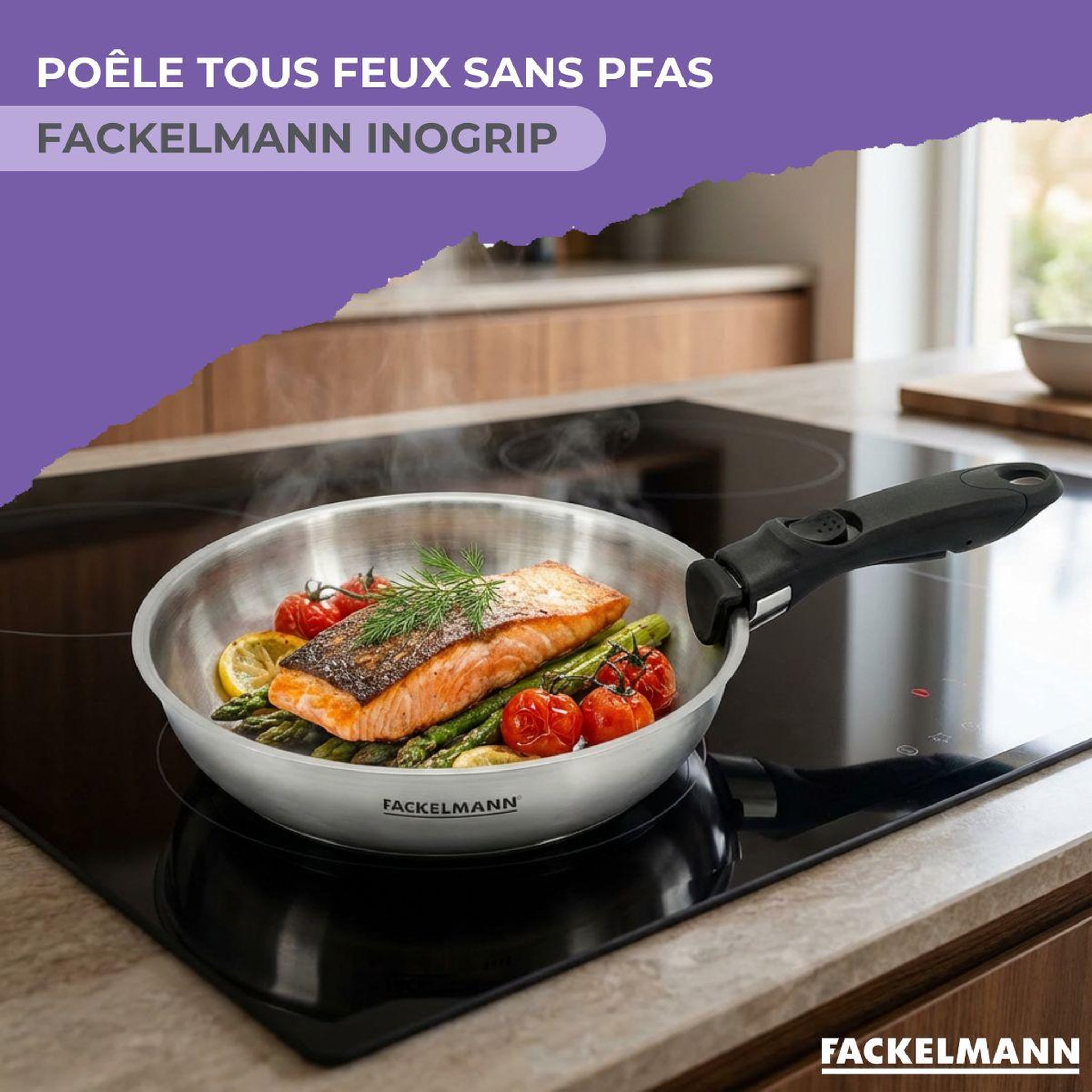 Voir la diapositive 2 : Fackelmann Lot de 1 poêle 24 cm en inox et 1 manche amovible fackelmann inogrip
