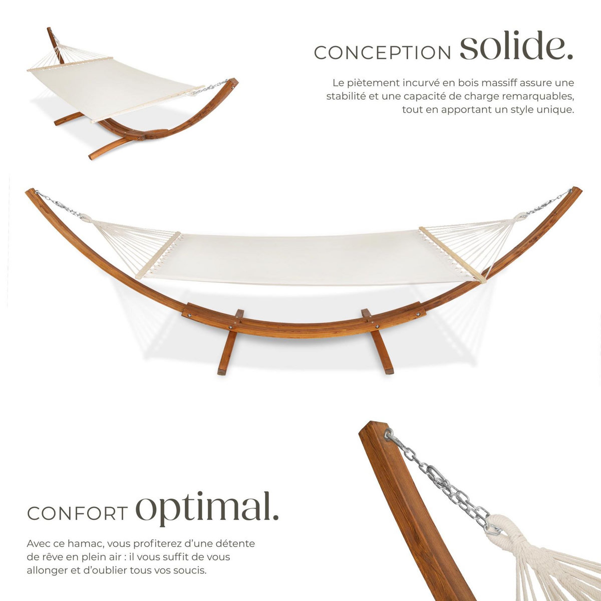 tectake Hamac sur pied avec structure en bois pour 2 personnes blanc