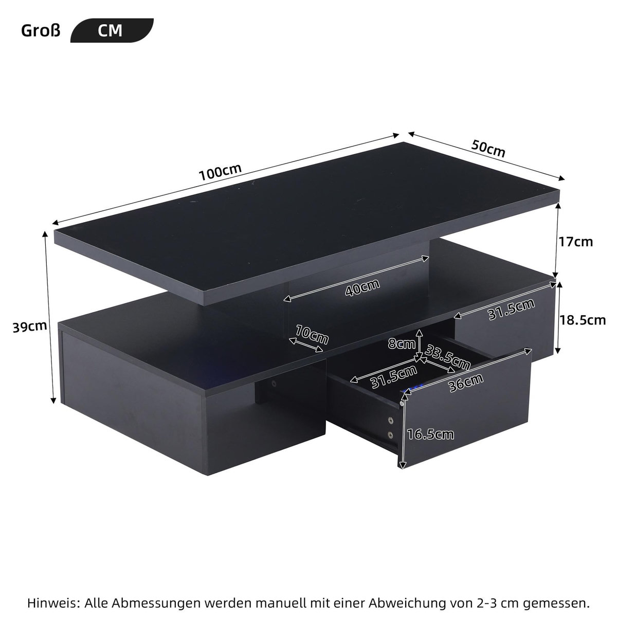 MERAX Table basse rectangulaire noir - 50x100 cm led panneaux de particules