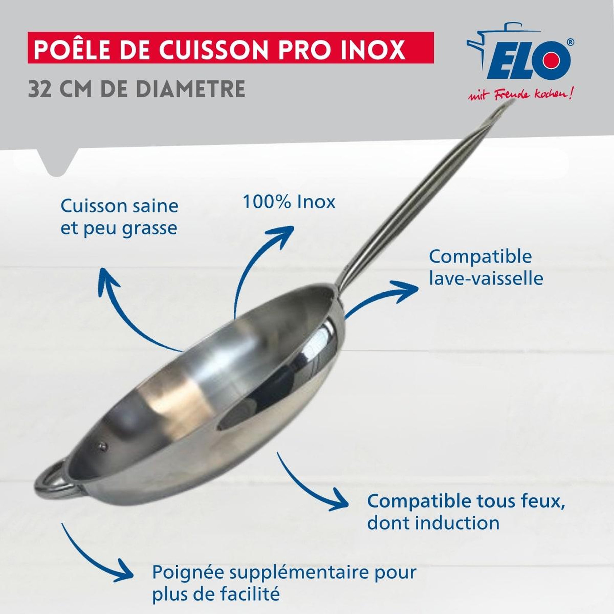 Voir la diapositive 2 : ELO Poêle à frire 32 cm en inox 18/10 et couvercle en verre elo profi therm