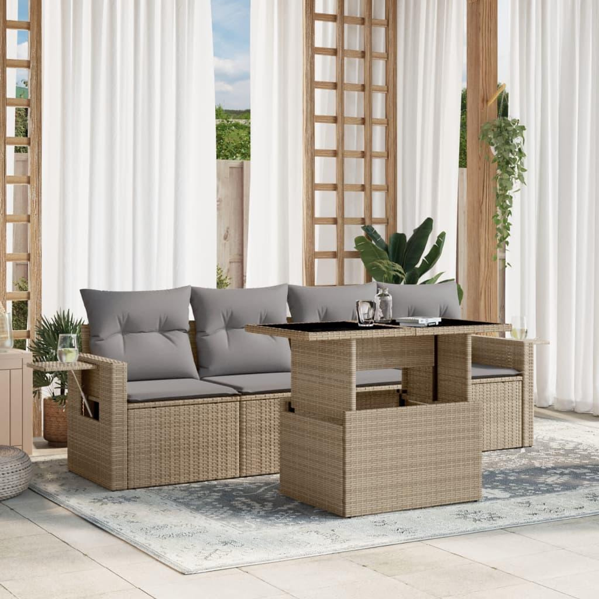 VIDAXL Salon de jardin avec coussins 5 pcs beige resine tressee