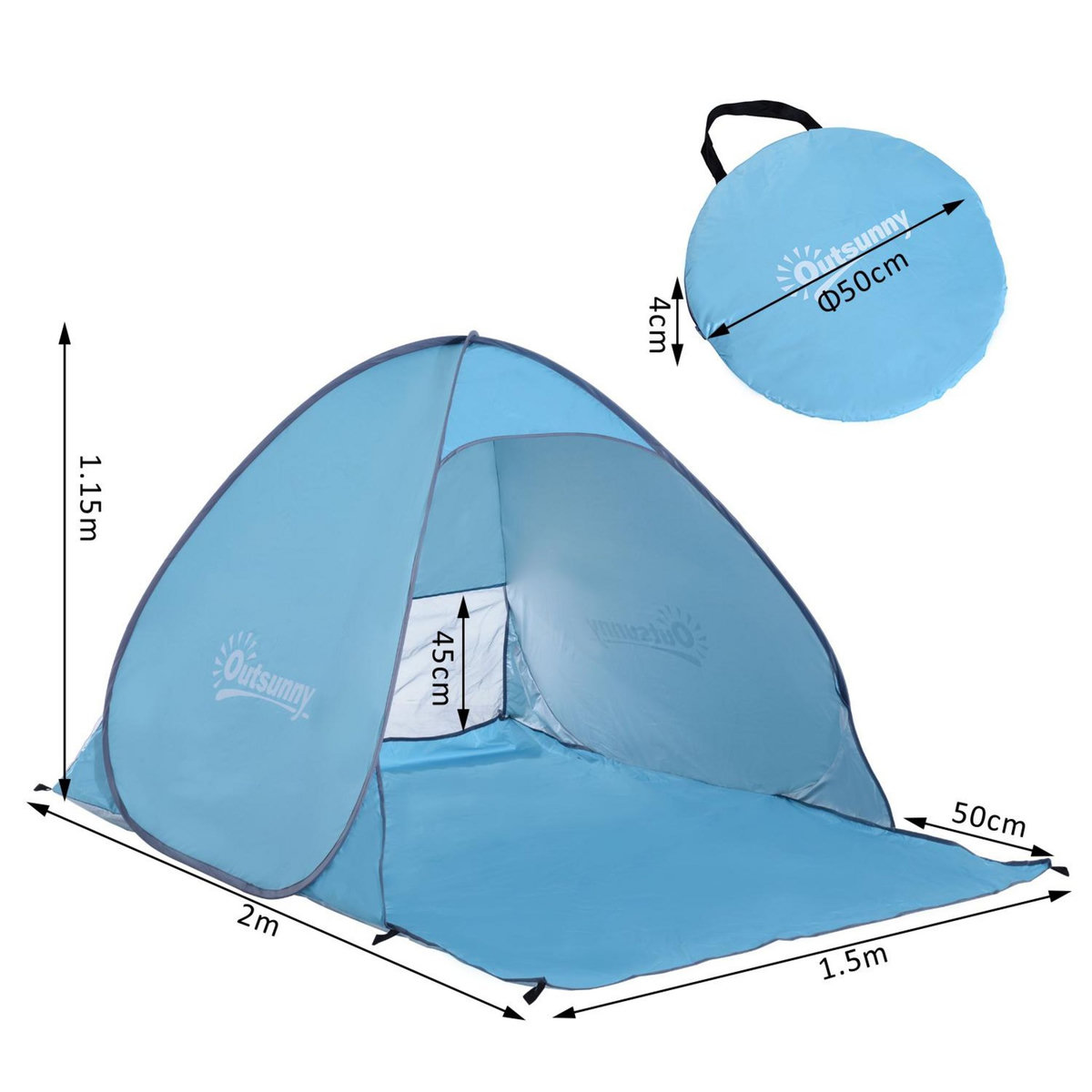 OUTSUNNY Abri de plage tente de plage pliable pop-up automatique instantané protection UV fenêtre arrière grand tapis de sol bleu ciel