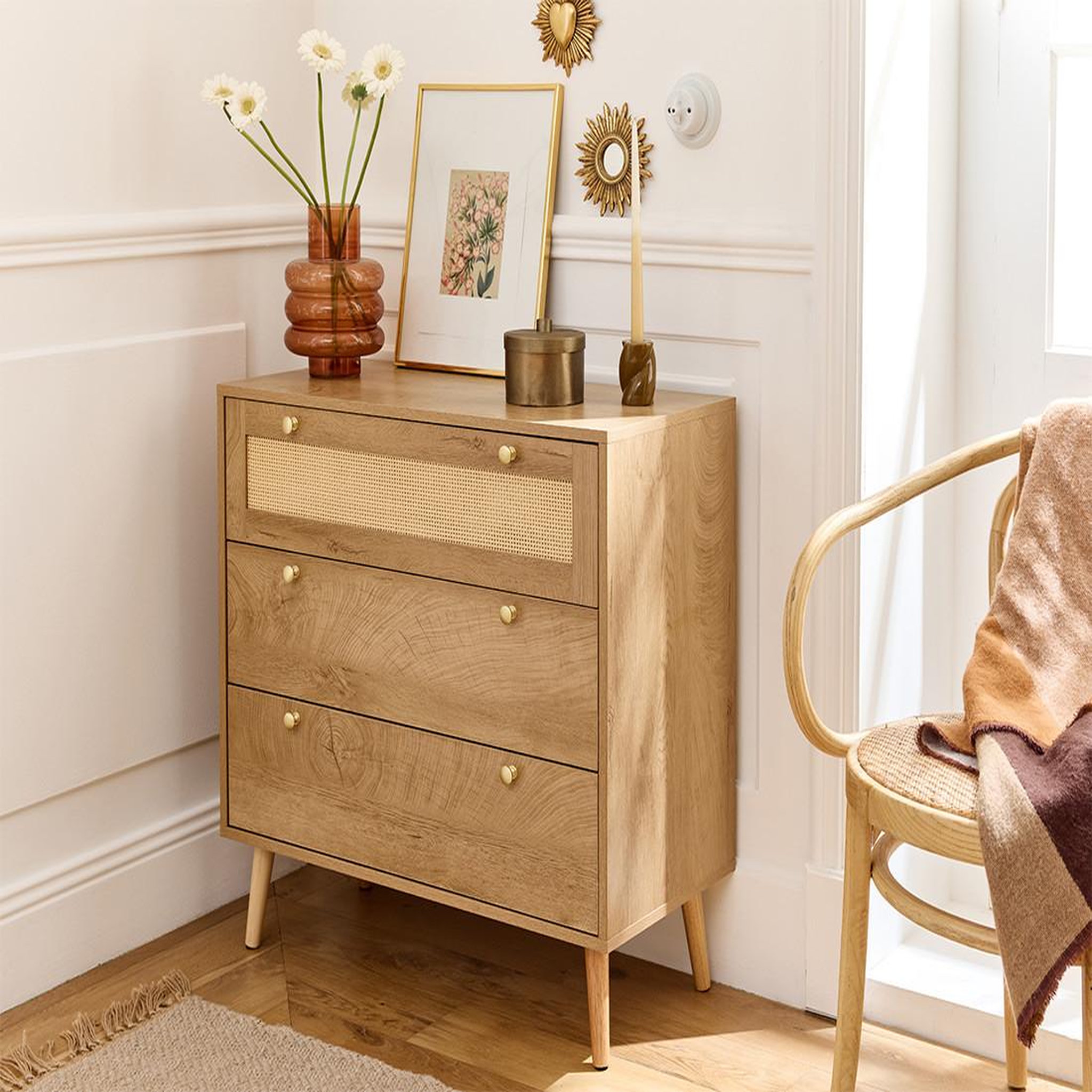 Voir la diapositive 2 : BEST MOBILIER Goto - commode - effet bois et cannage - 80 cm