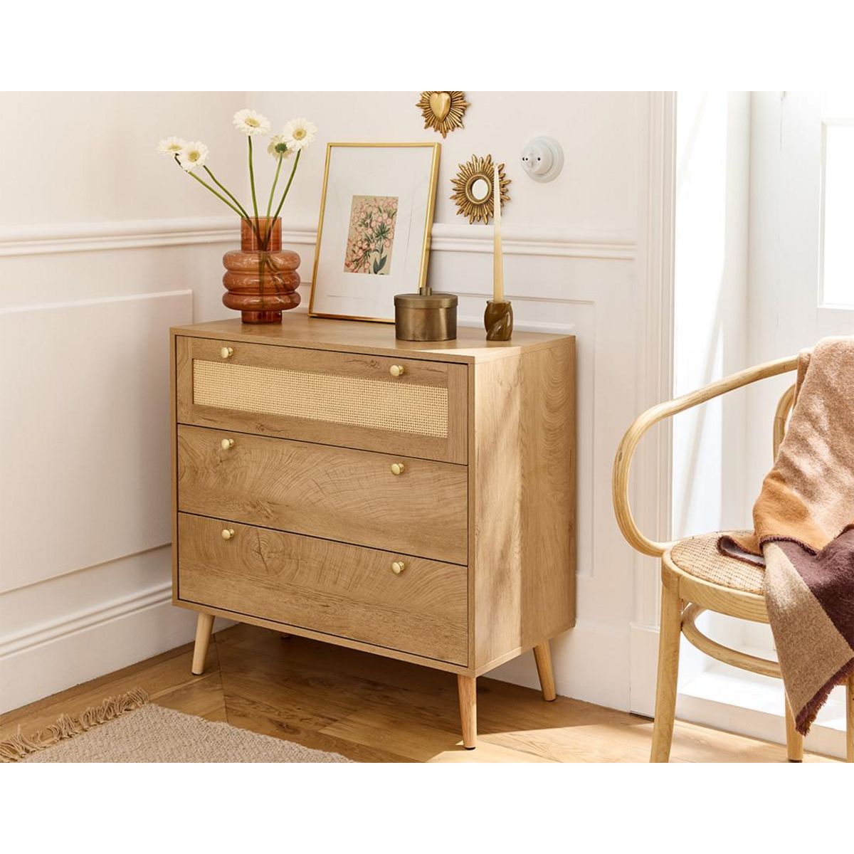 BEST MOBILIER Goto - commode - effet bois et cannage - 80 cm