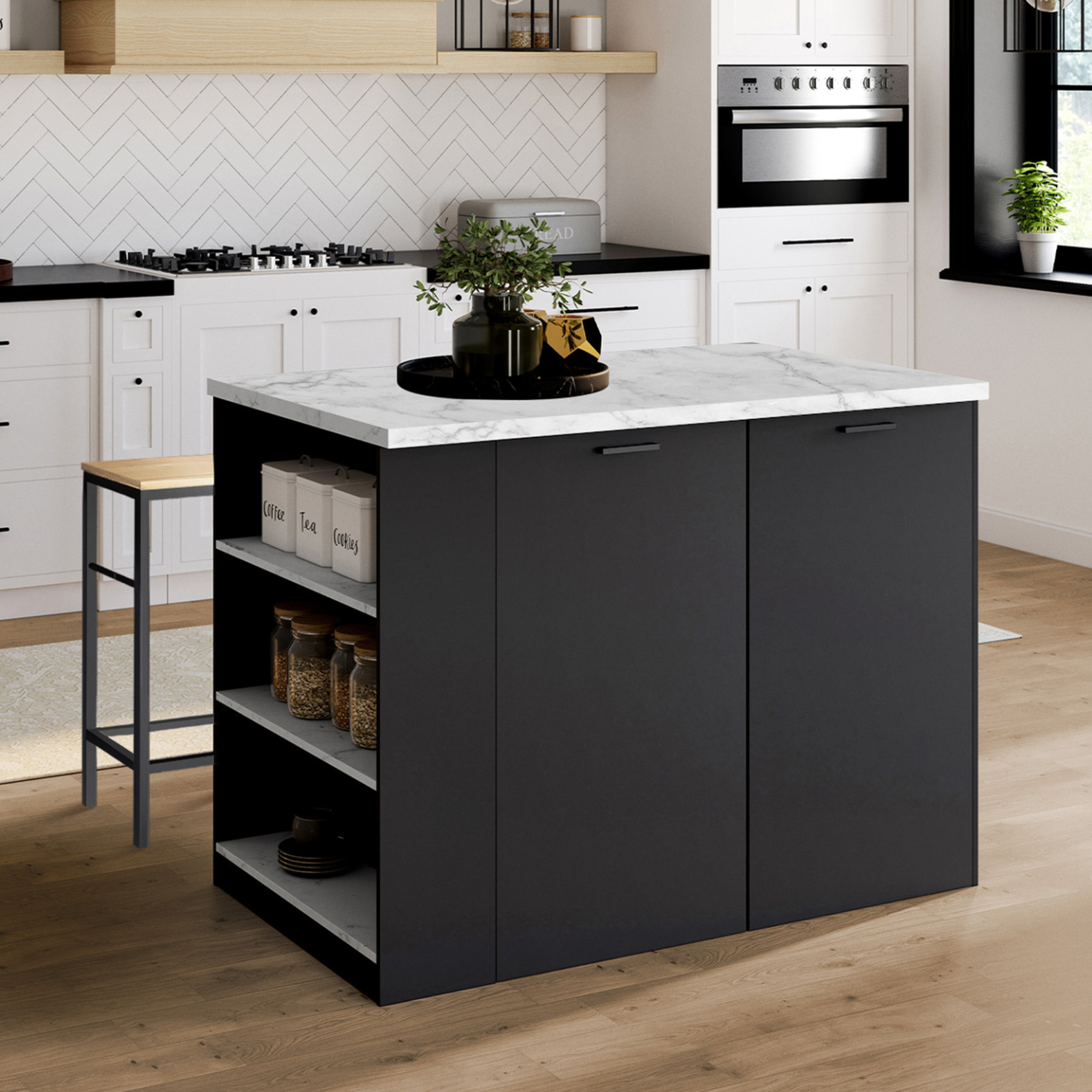 Voir la diapositive 2 : ID MARKET Ilot central tibo 120 cm bois noir avec plan de travail effet marbre alaska