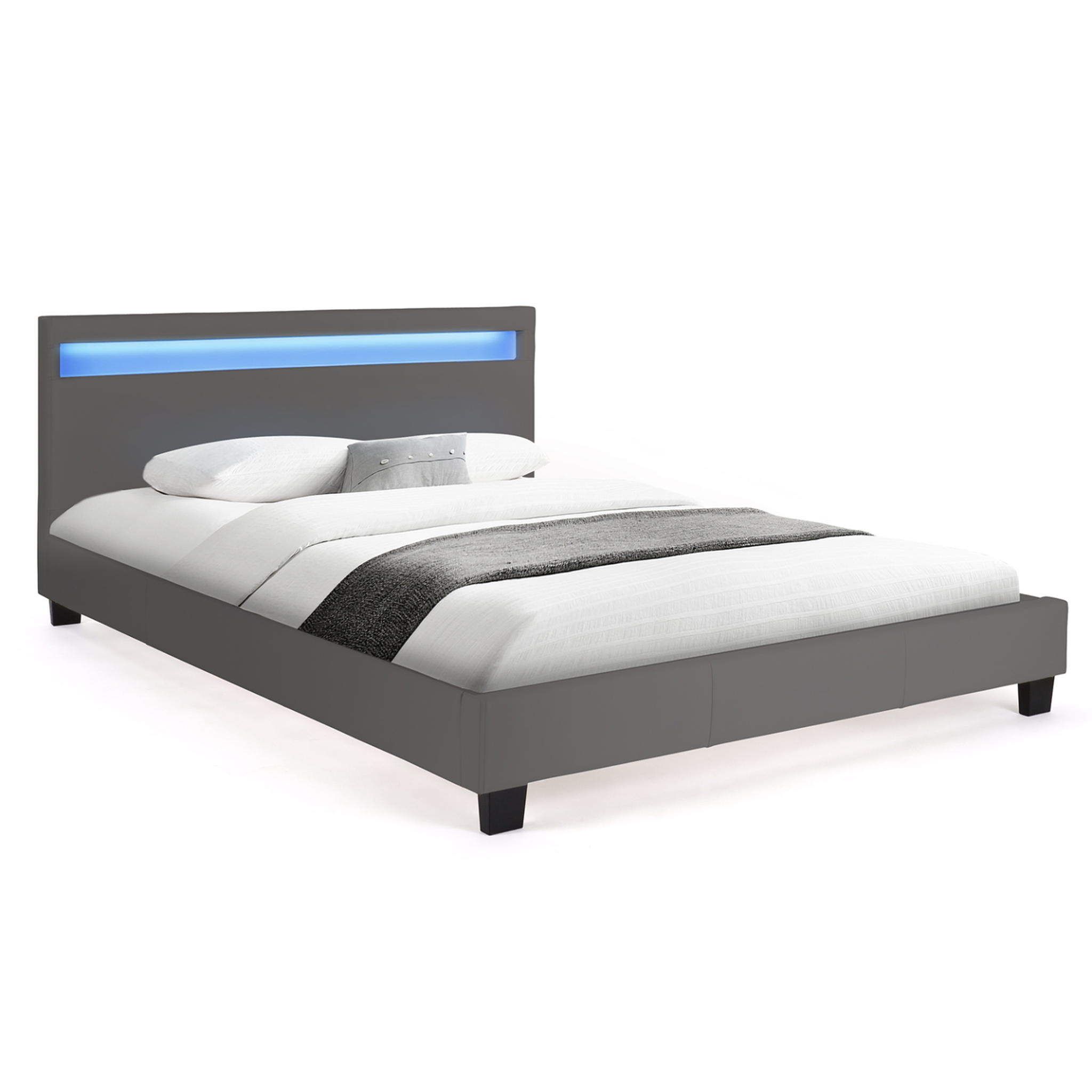 ID MARKET Lit double neo avec tête de lit led intégrées et sommier 140 x 190 cm pvc gris
