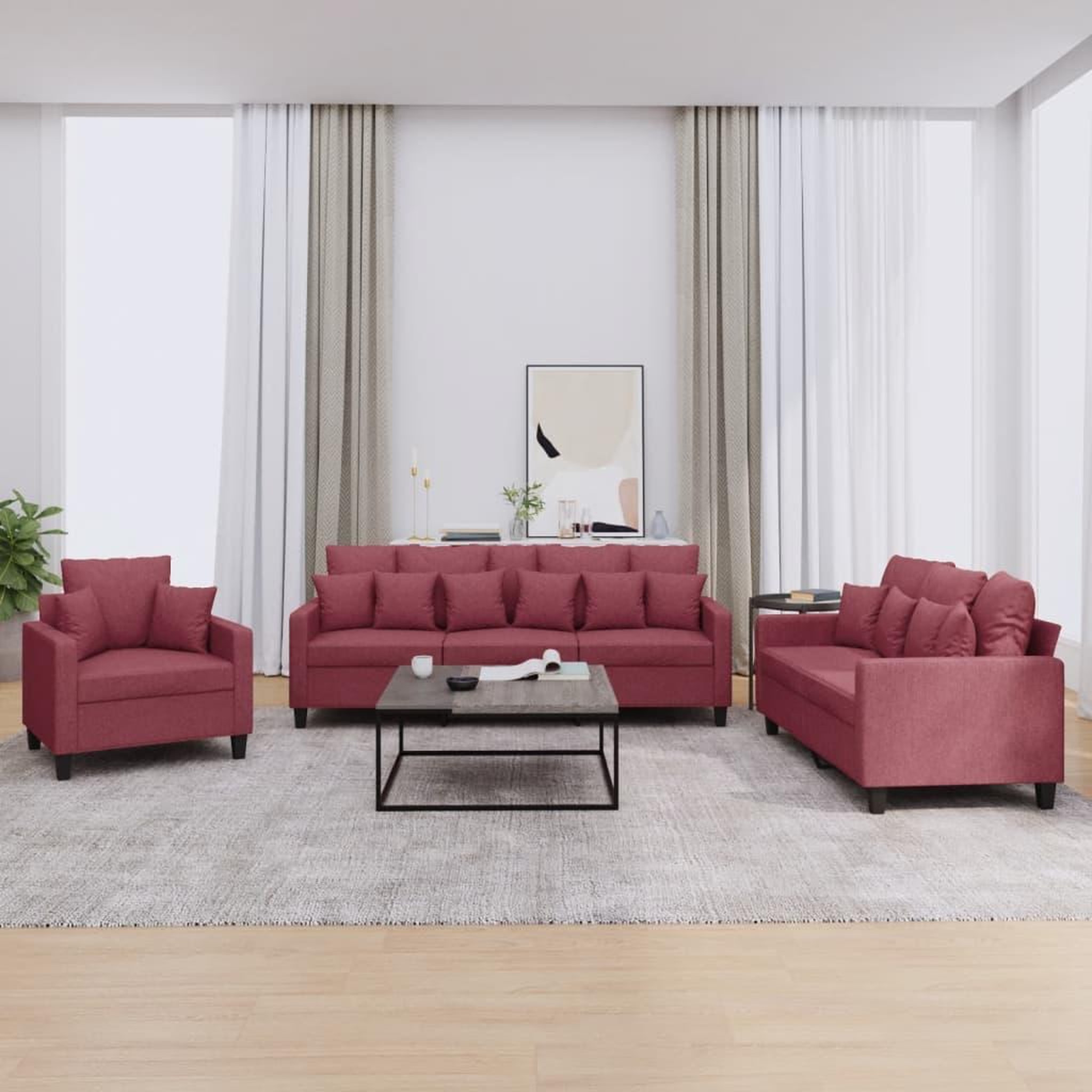 VIDAXL Ensemble de canapes 3 pcs avec coussins rouge bordeaux tissu