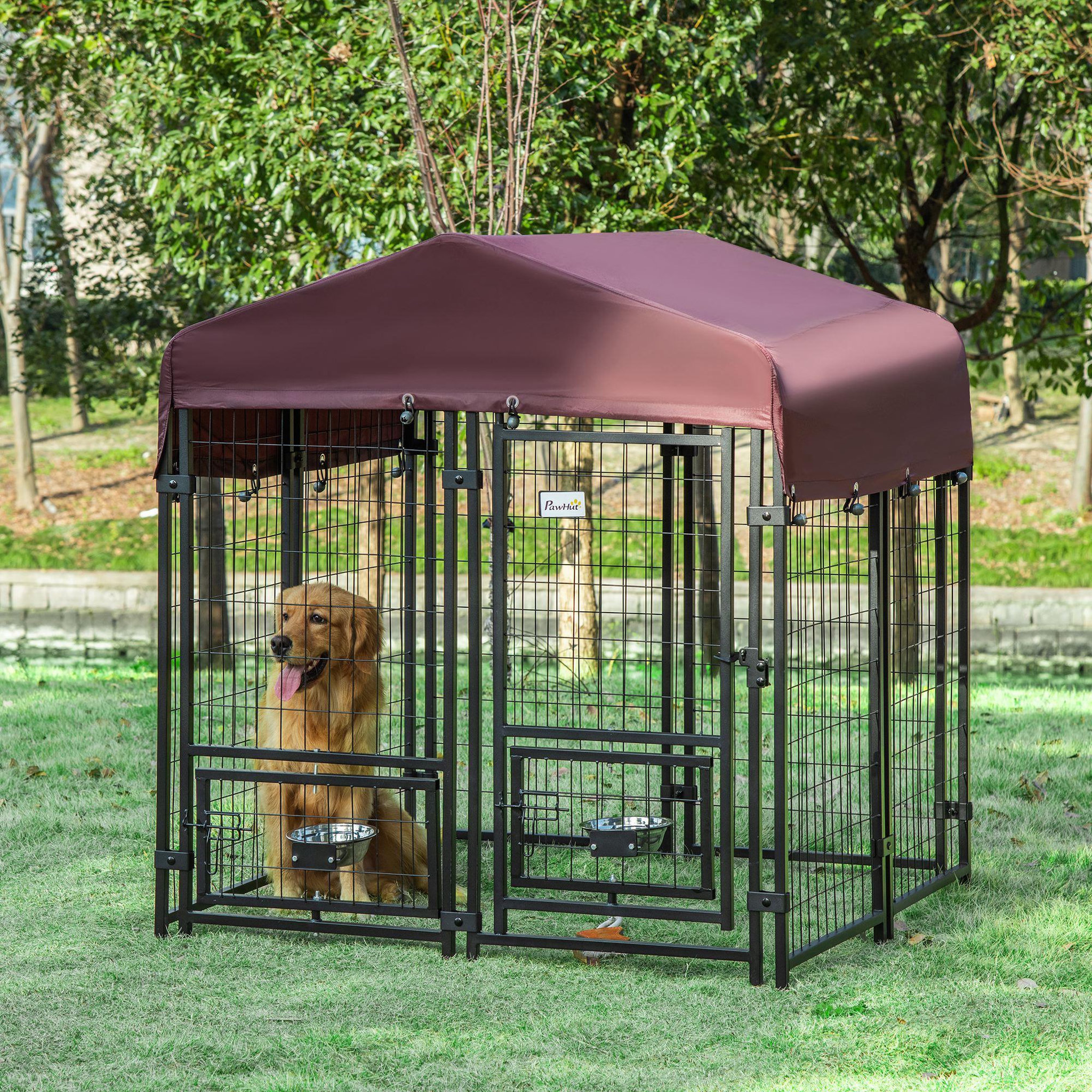 Voir la diapositive 2 : PAWHUT Chenil extérieur pour chien - cage chien - enclos chien - toile toit imperméable anti-uv, porte verrouillable, 2 bols rotatifs - acier noir oxford pourpre