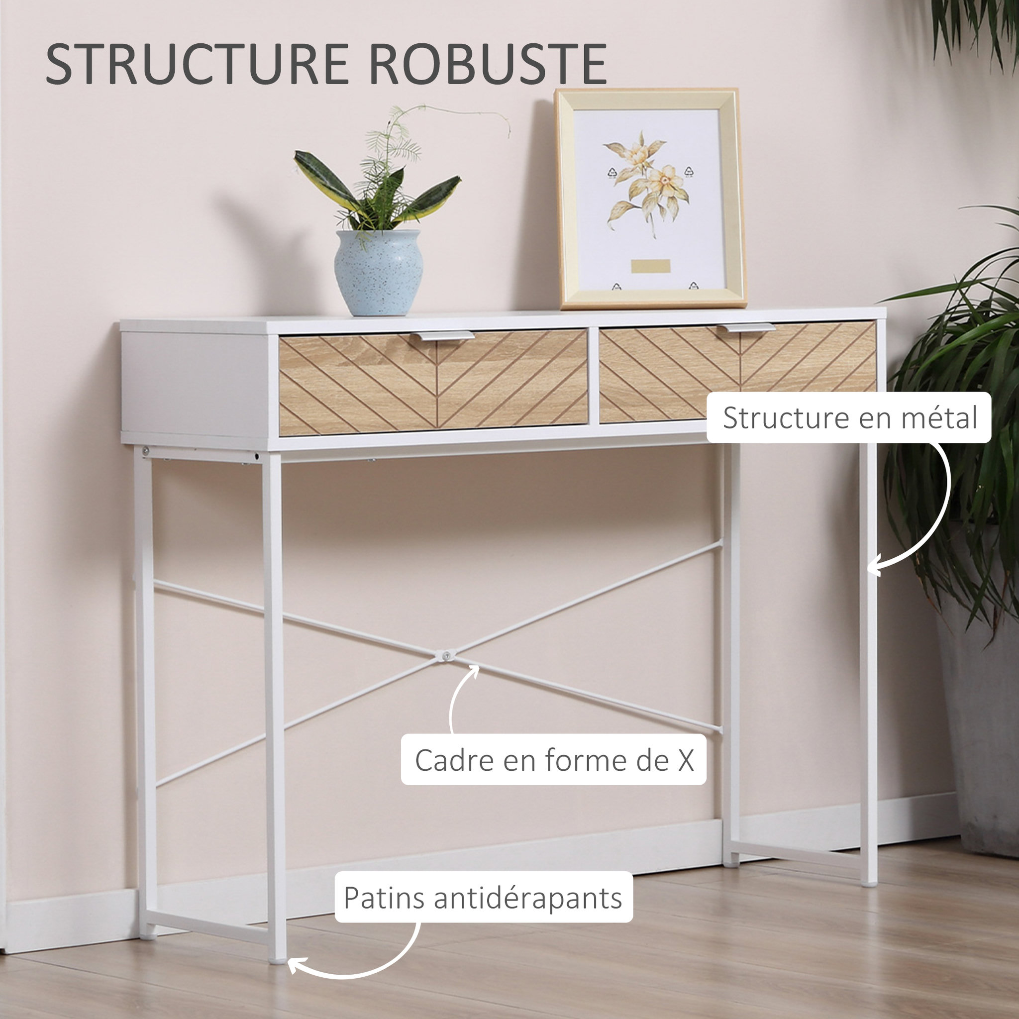 Voir la diapositive 5 : HOMCOM Table console industriel 2 tiroirs aspect bois de chêne sculpté motif à chevrons piètement métal blanc