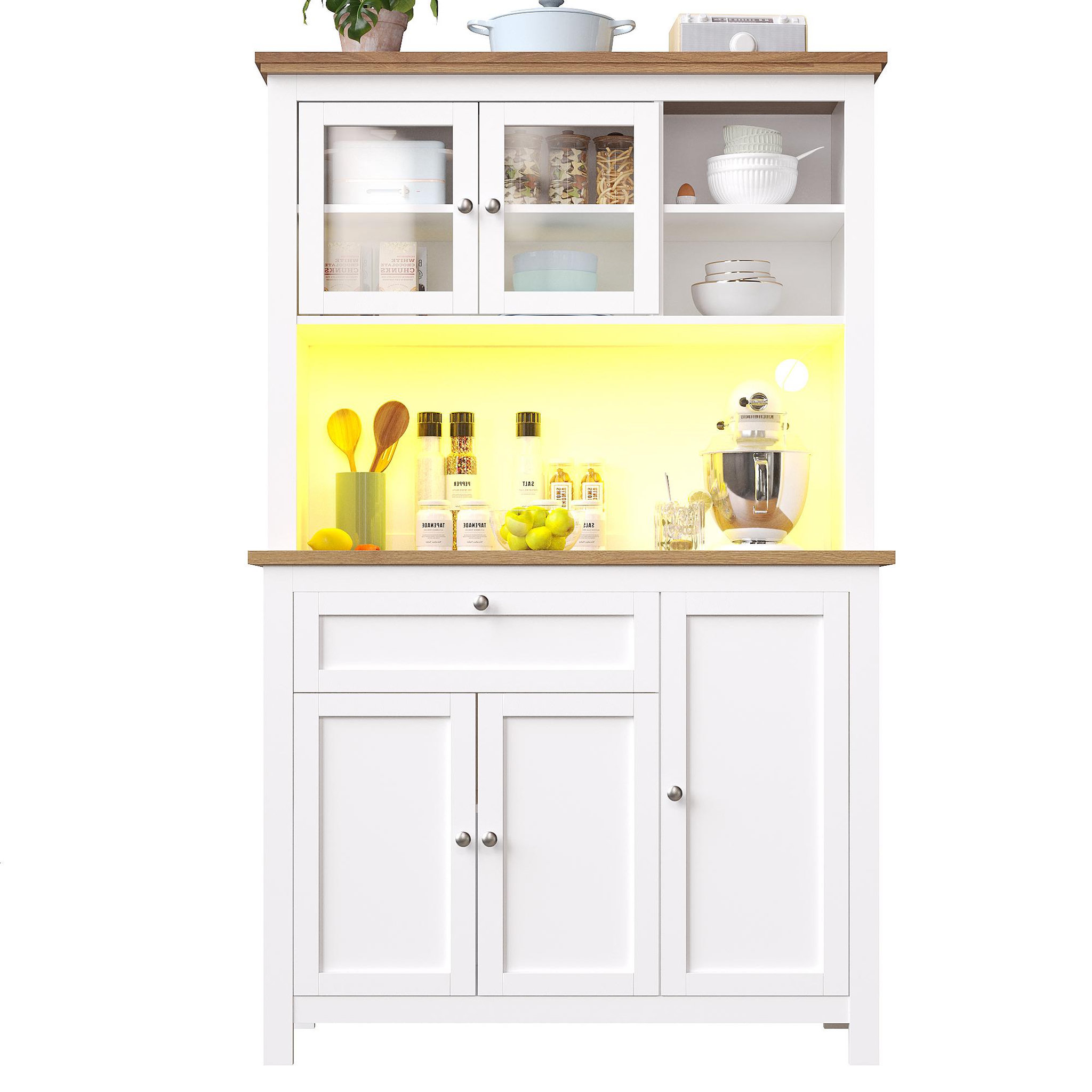 MERAX Buffet de cuisine 5 portes 1 tiroir - 104 cm blanc led mdf
