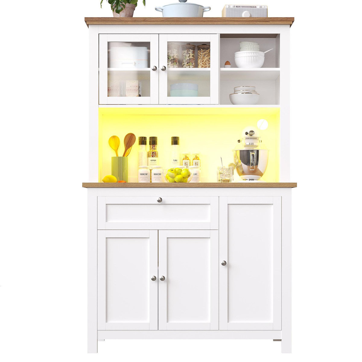 MERAX Buffet de cuisine 5 portes 1 tiroir - 104 cm blanc led mdf