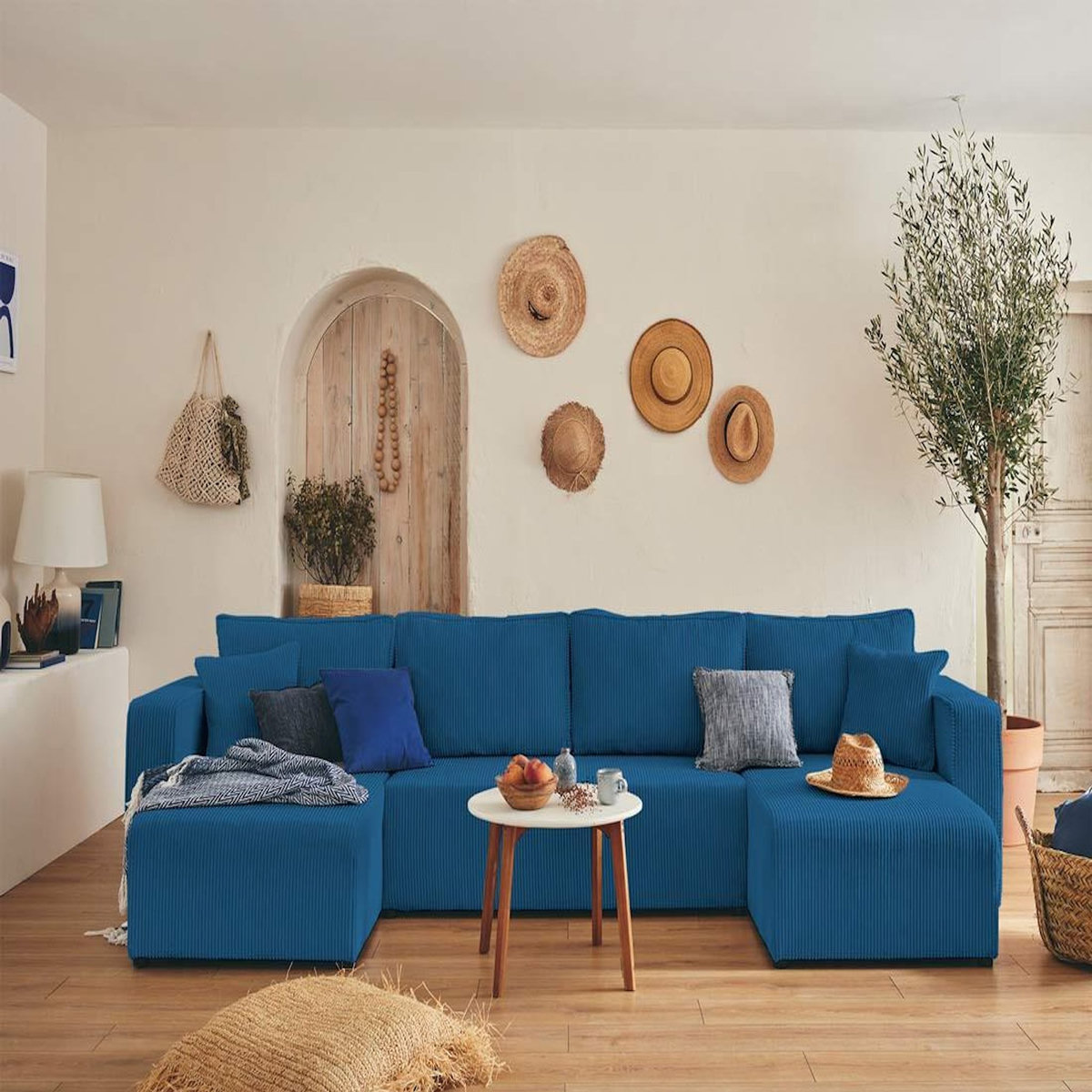 BEST MOBILIER Topaze - canapé panoramique en u - 7 places - convertible avec coffre - en velours côtelé