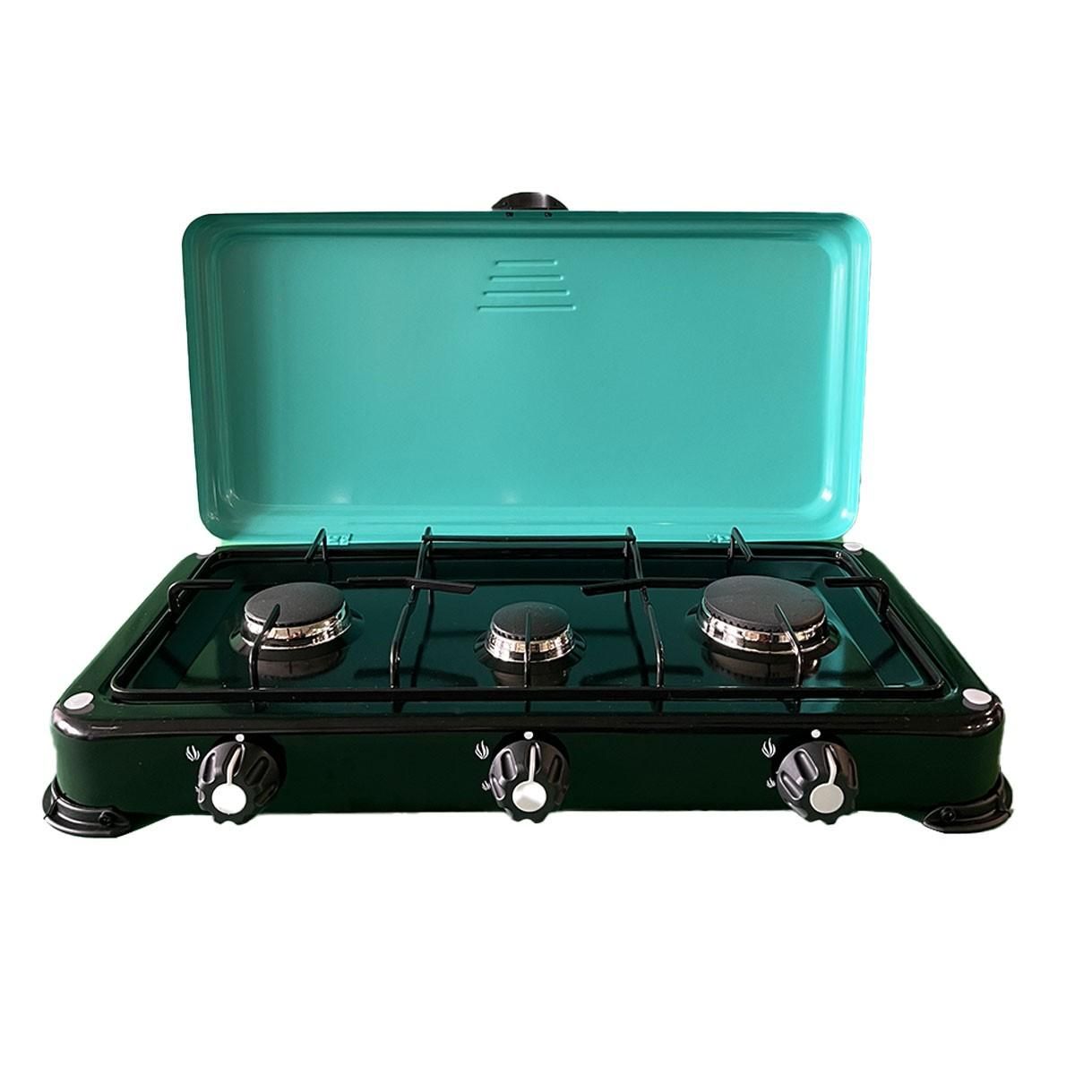 INTEC Réchaud à gaz 3 feux 4100W Brûleurs et Grille en fonte amovibles lavables Plaque de Cuisson gaz Butane ou Propane GOLD III INTEC