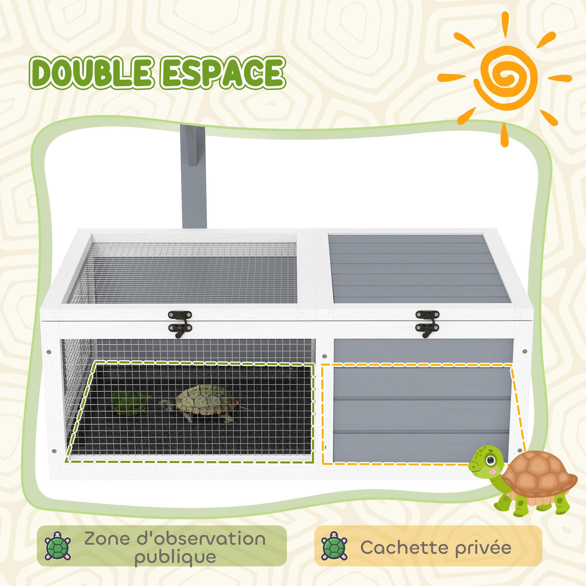 Voir la diapositive 5 : PAWHUT Enclos tortue - maison tortue terrestre exterieur - support de lampe, 2 plateaux coulissants - dim. 81L x 48l x 31H cm - bois gris clair