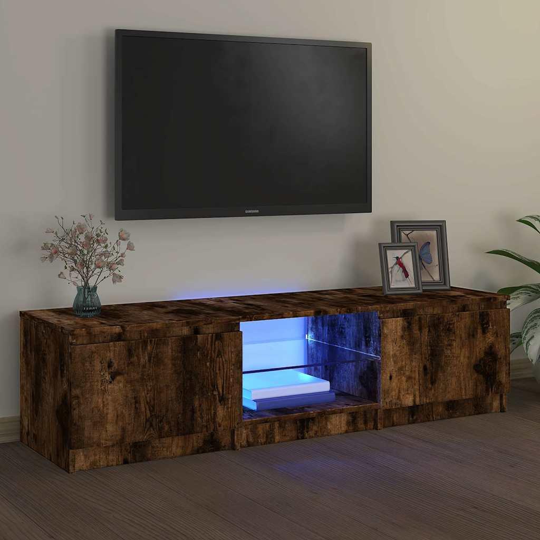Voir la diapositive 1 : VIDAXL Meuble TV avec lumieres LED Chene fume 140x40x36 cm