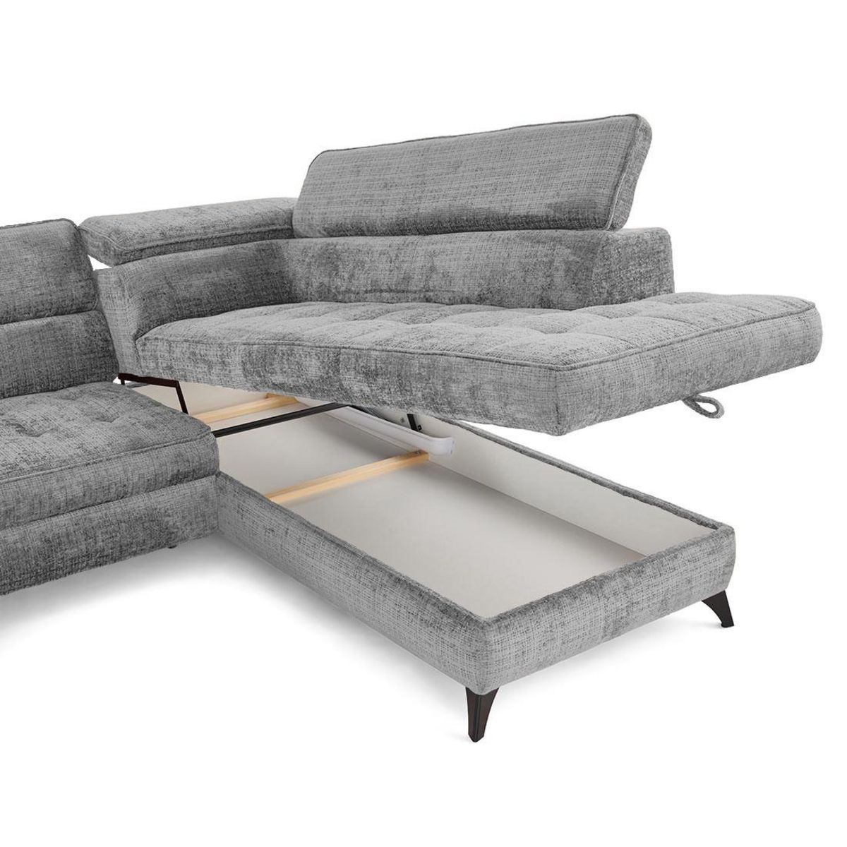 LISA DESIGN Marlo - canapé d'angle droit 5 places convertible avec coffre et têtières en velours texturé