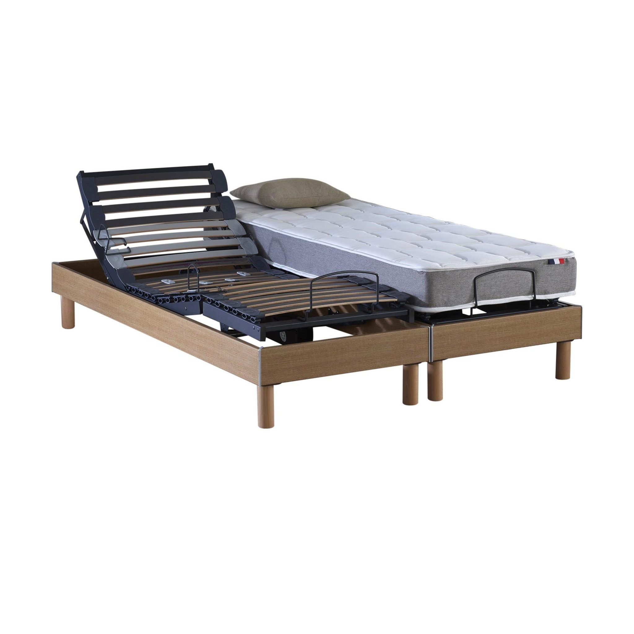 Voir la diapositive 2 : IDLITERIE Ensemble lit électrique de relaxation multi lattes chêne clair - Matelas mousse haute résilience 16 cm