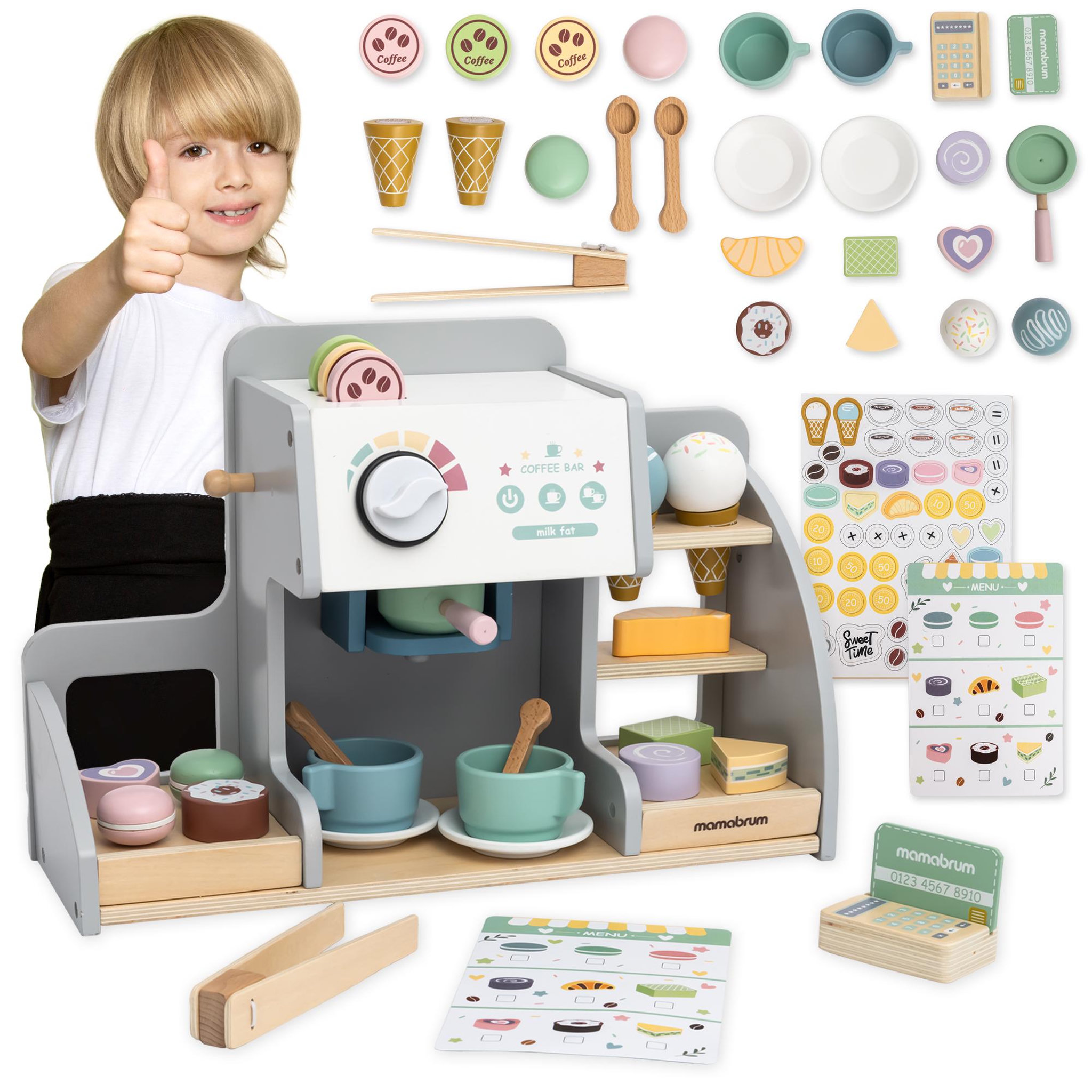 MAMABRUM Marchande Bois, Glacière avec Tableau Magnétique, Machine à Café, Set de Glaces et de Desserts