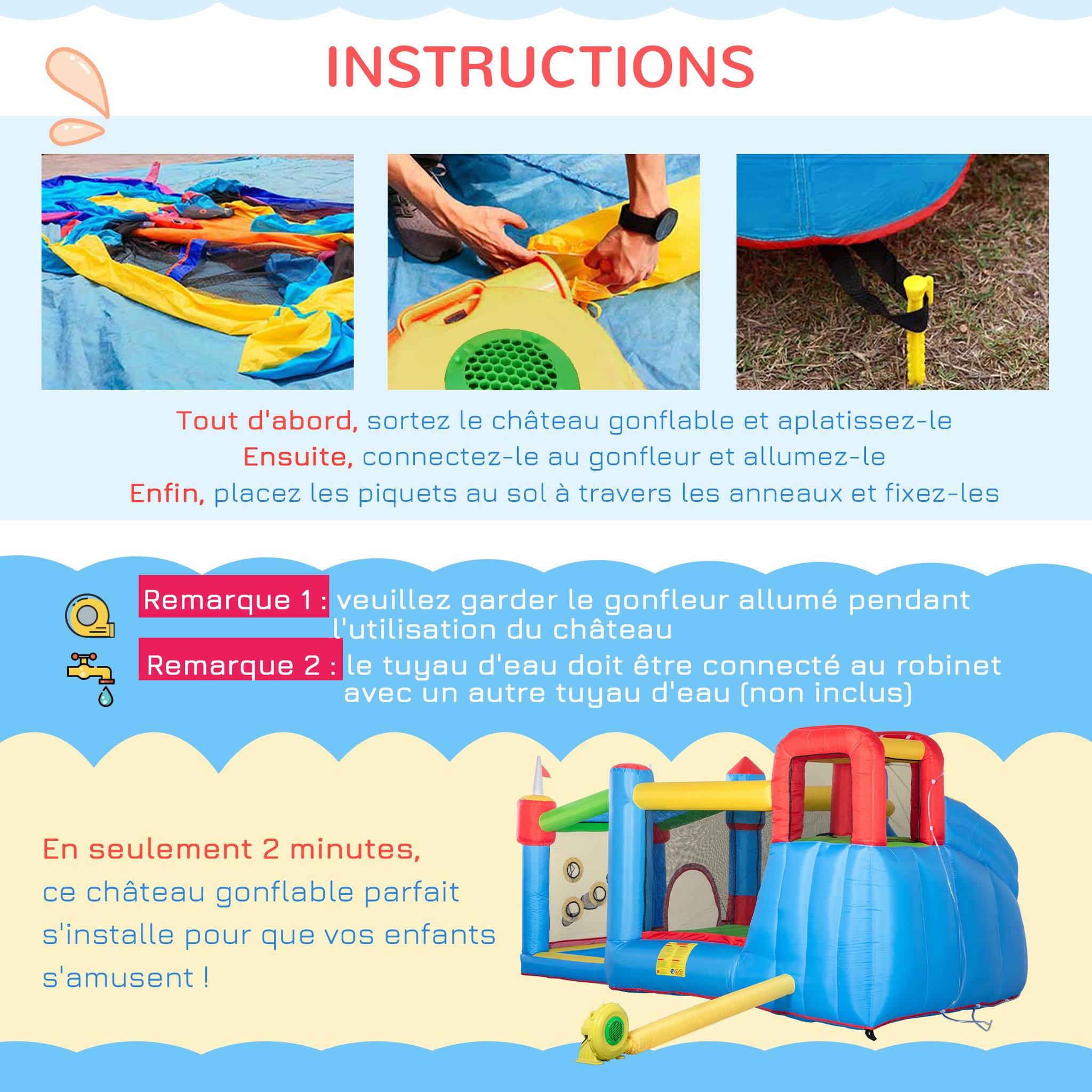 Voir la diapositive 6 : OUTSUNNY Château gonflable structure gonflable aire de jeux 3-8 ans avec gonfleur et sac de transport 390 x 300 x 197 cm - multicolore
