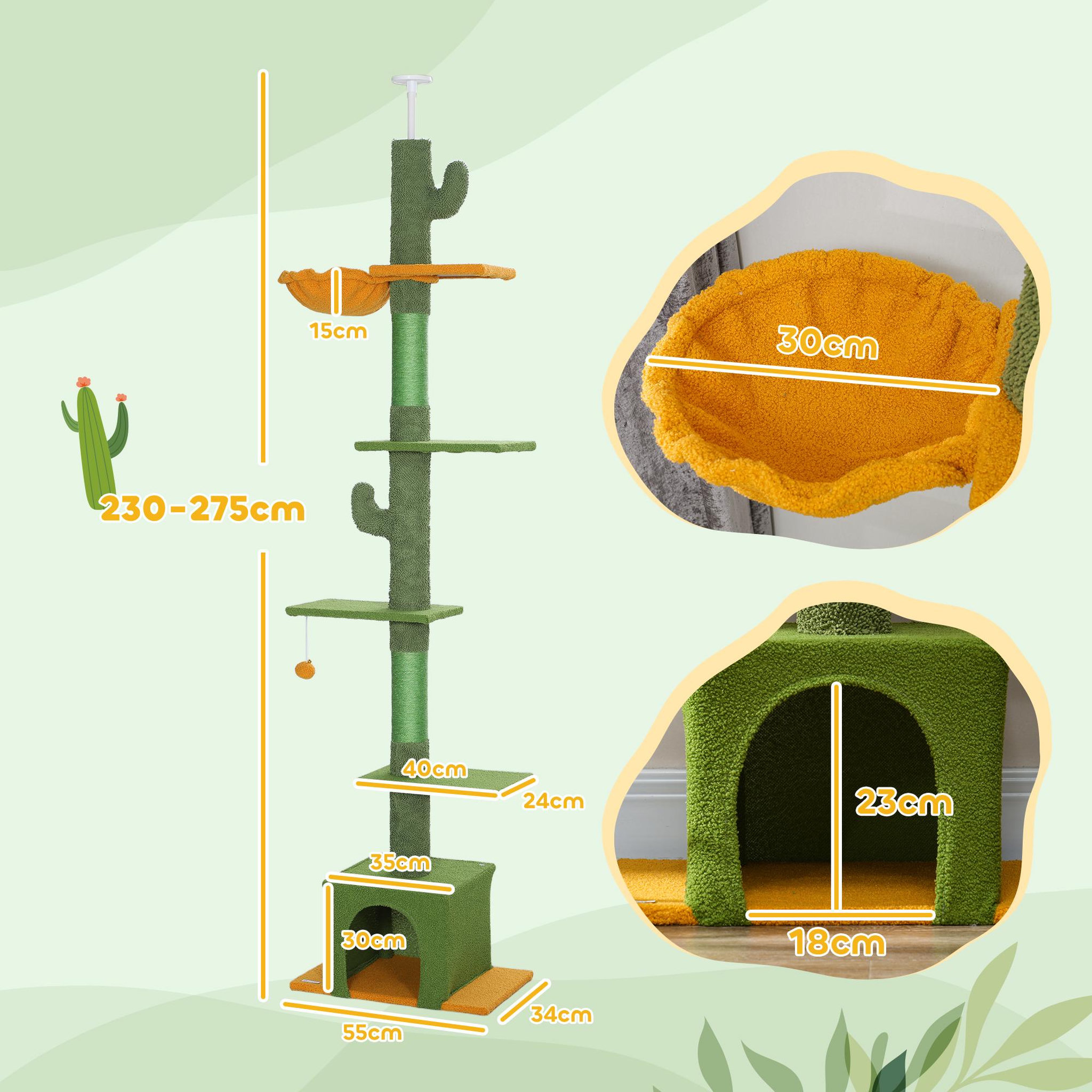 Voir la diapositive 3 : PAWHUT Arbre à chat cactus du sol au plafond - h. Réglable 230-275 cm - 6 niv. Équipement multiple - vert