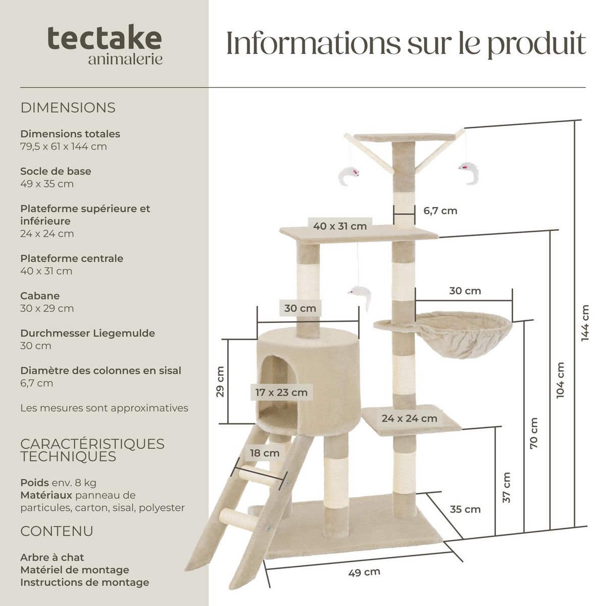 tectake Arbre à chat 144 cm avec griffoir et plateforme d'escalade beige