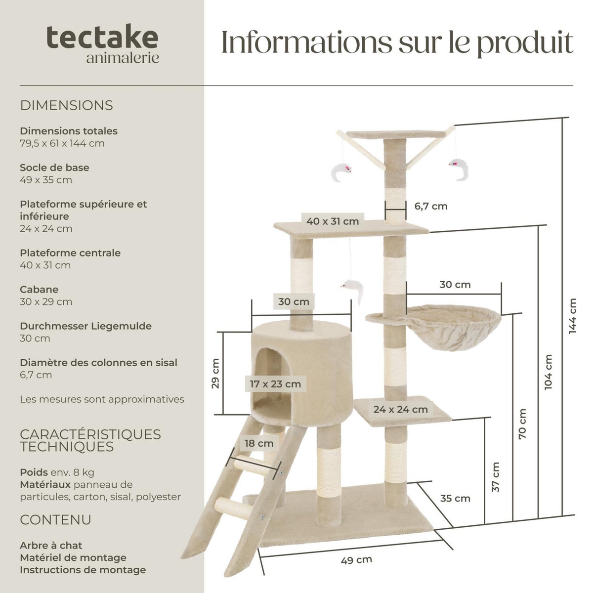 tectake Arbre à chat 144 cm avec griffoir et plateforme d'escalade beige