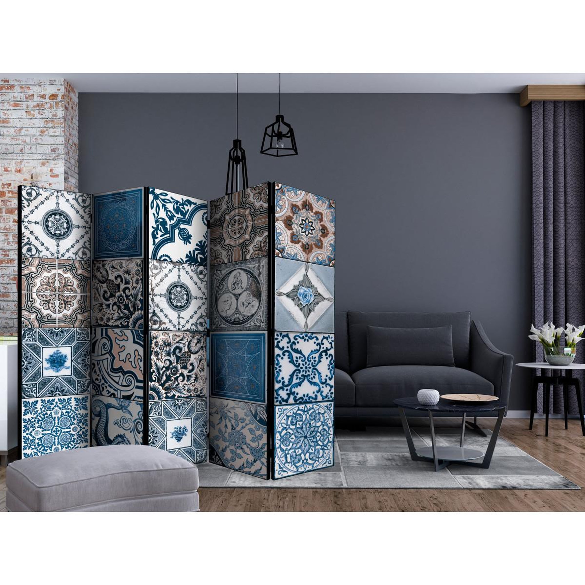 Voir la diapositive 2 : Paris Prix Paravent 5 volets  blue arabesque  172x225cm