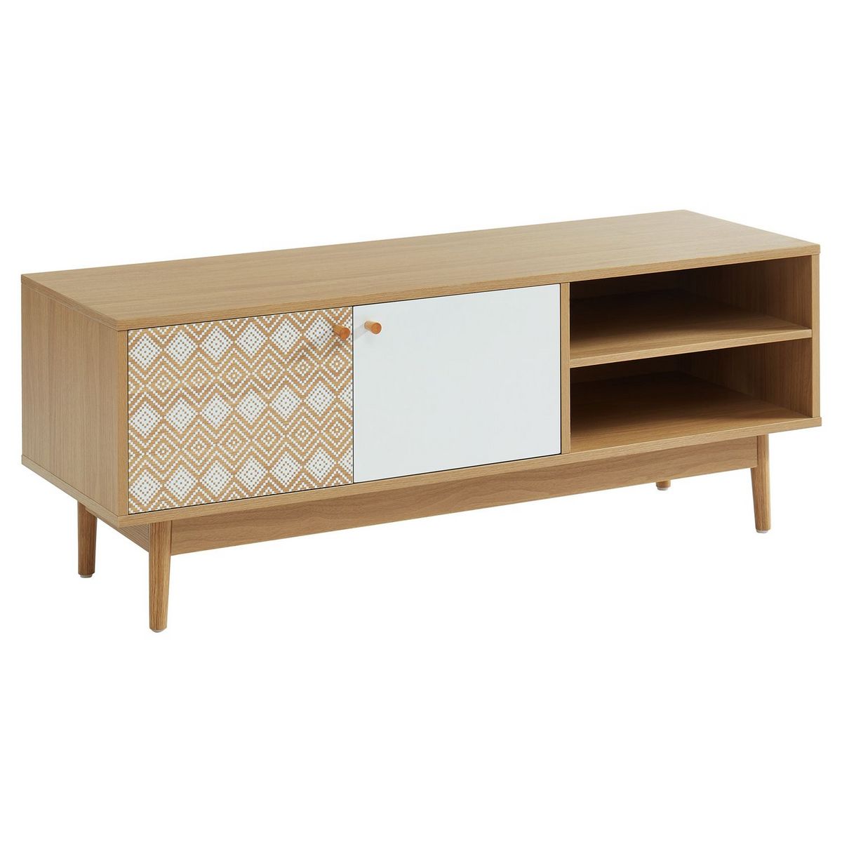 Meuble TV 2 portes 2 niches de rangement coloris blanc et chêne LUCAS