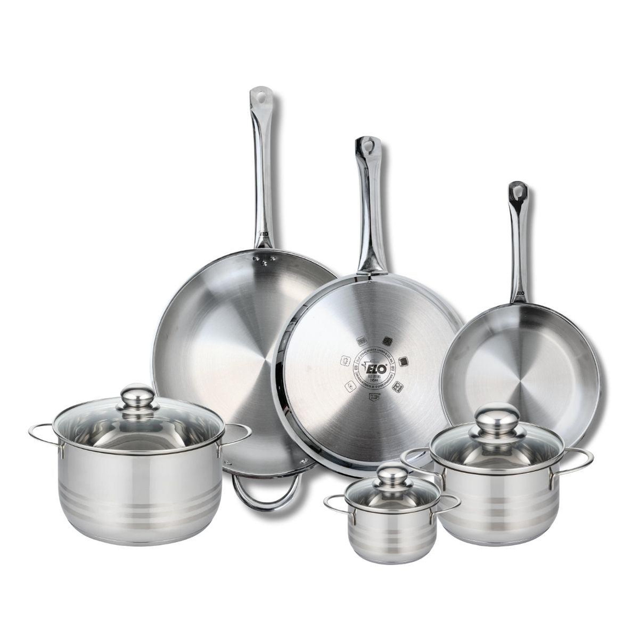 ELO Ensemble de 3 poêles de cuisson 24, 28 et 32 cm et 3 faitouts 12, 16 et 20 cm elo profi brillant