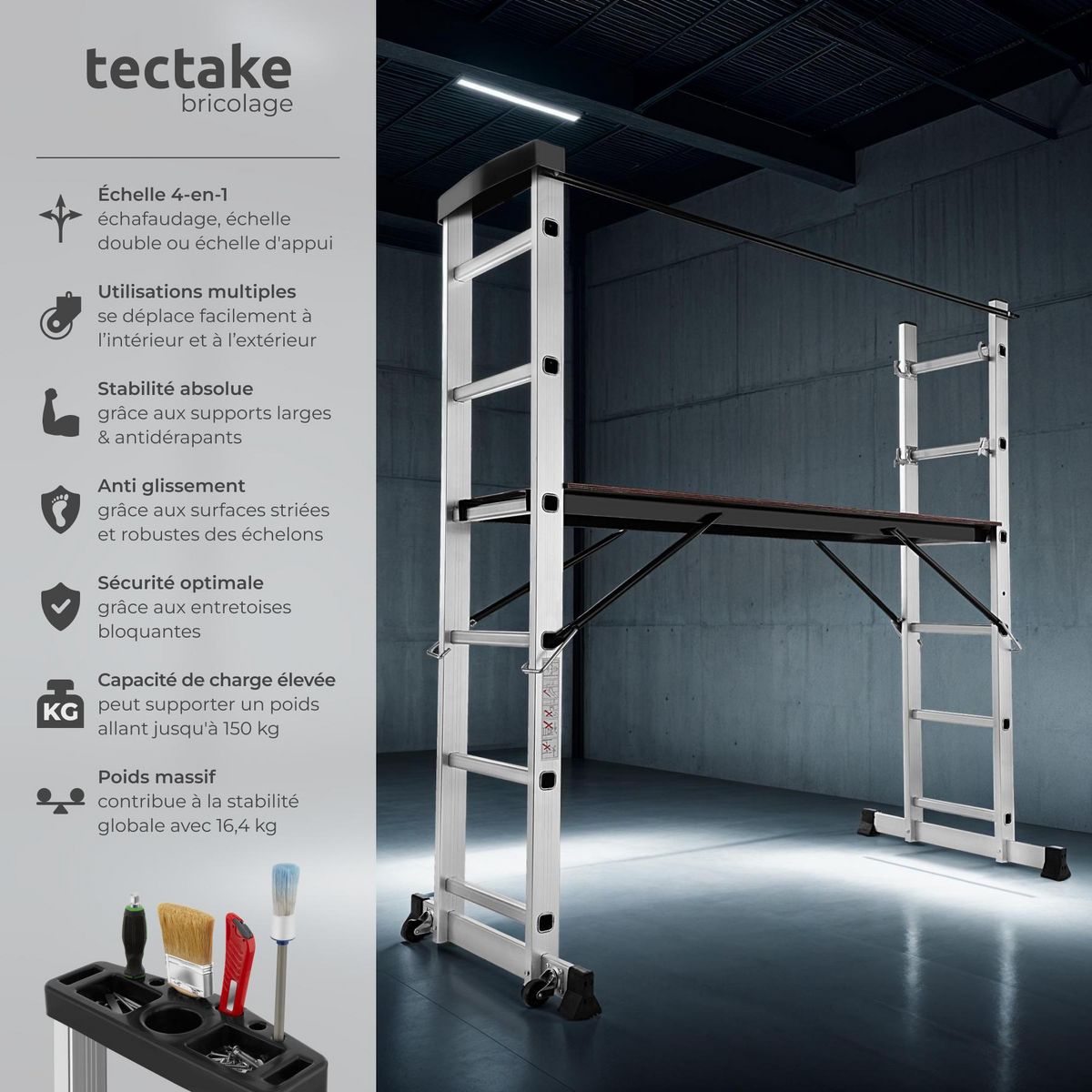 tectake Échafaudage plateforme multifonctions 4-en-1 argent