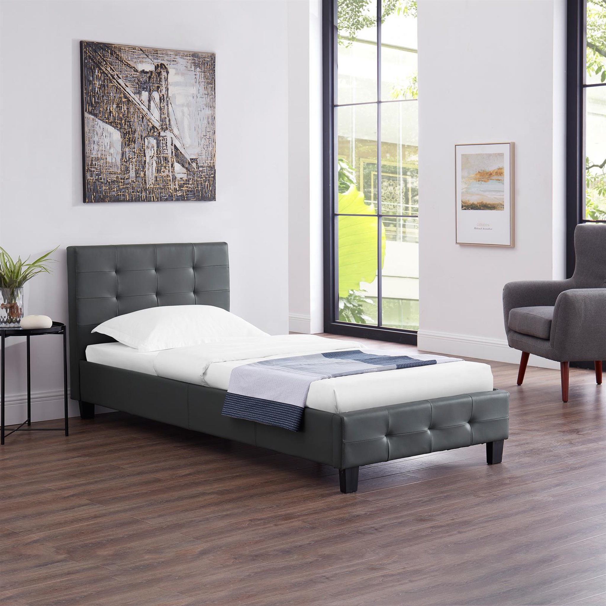 Voir la diapositive 2 : IDIMEX Lit simple REVE, 90 x 190 cm, capitonné avec sommier, revêtement synthétique