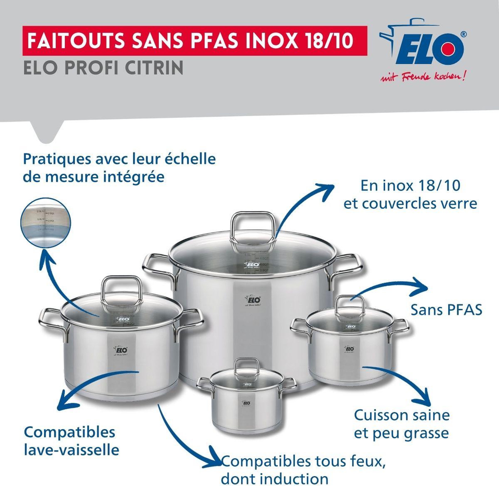Voir la diapositive 3 : ELO Ensemble de 2 poêles de cuisson 28 et 32 cm et 4 faitouts 12, 14, 20 et 26 cm elo profi citrin