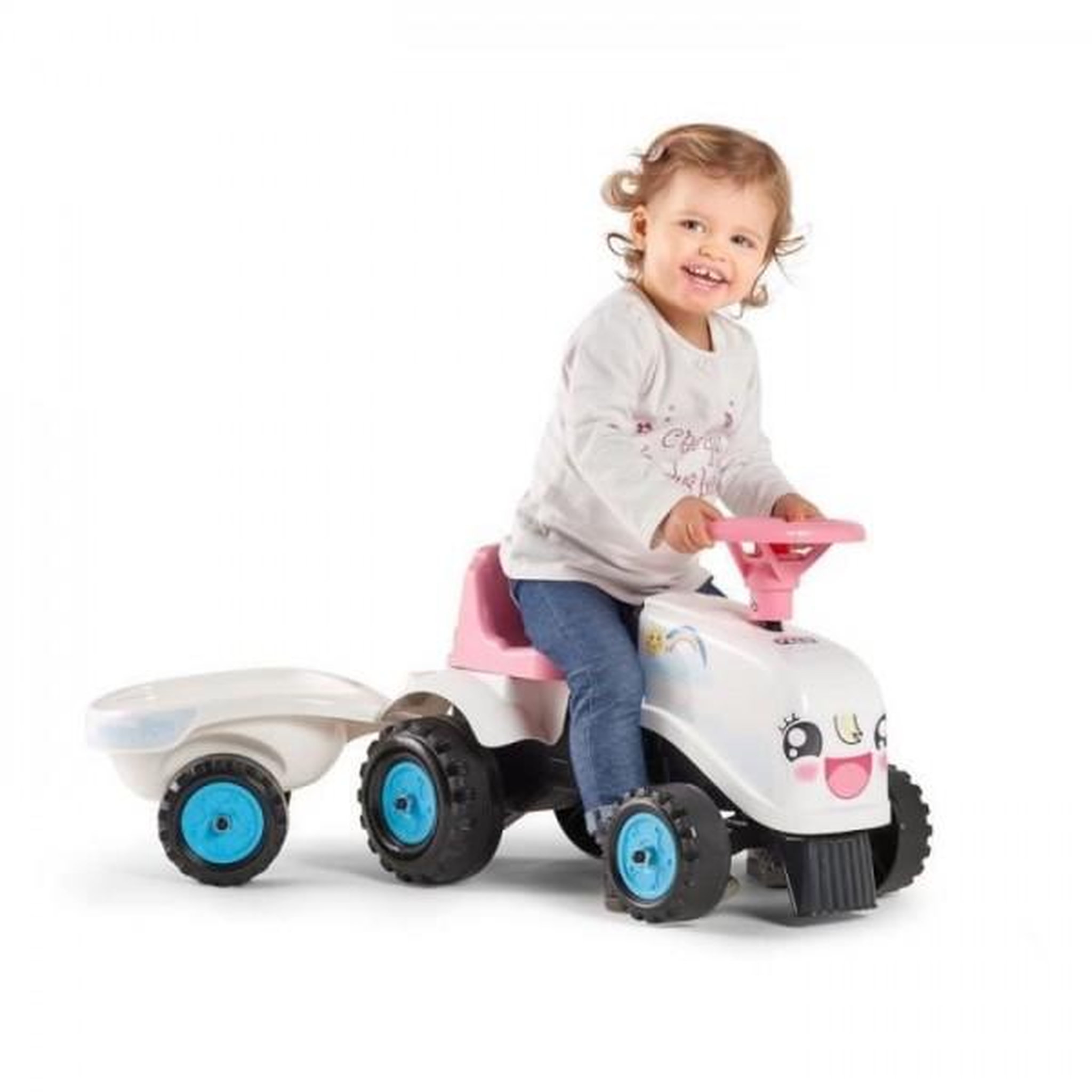 Voir la diapositive 3 : FALK Porteur Trotteur  Tracteur Rainbow Farm avec remorque - FALK - Pour filles des 1 an - Formes rondes et couleurs pastels