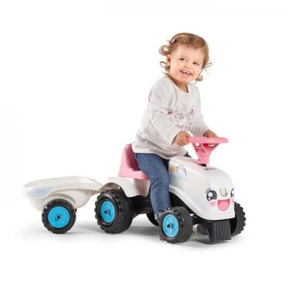 FALK Porteur Trotteur  Tracteur Rainbow Farm avec remorque - FALK - Pour filles des 1 an - Formes rondes et couleurs pastels