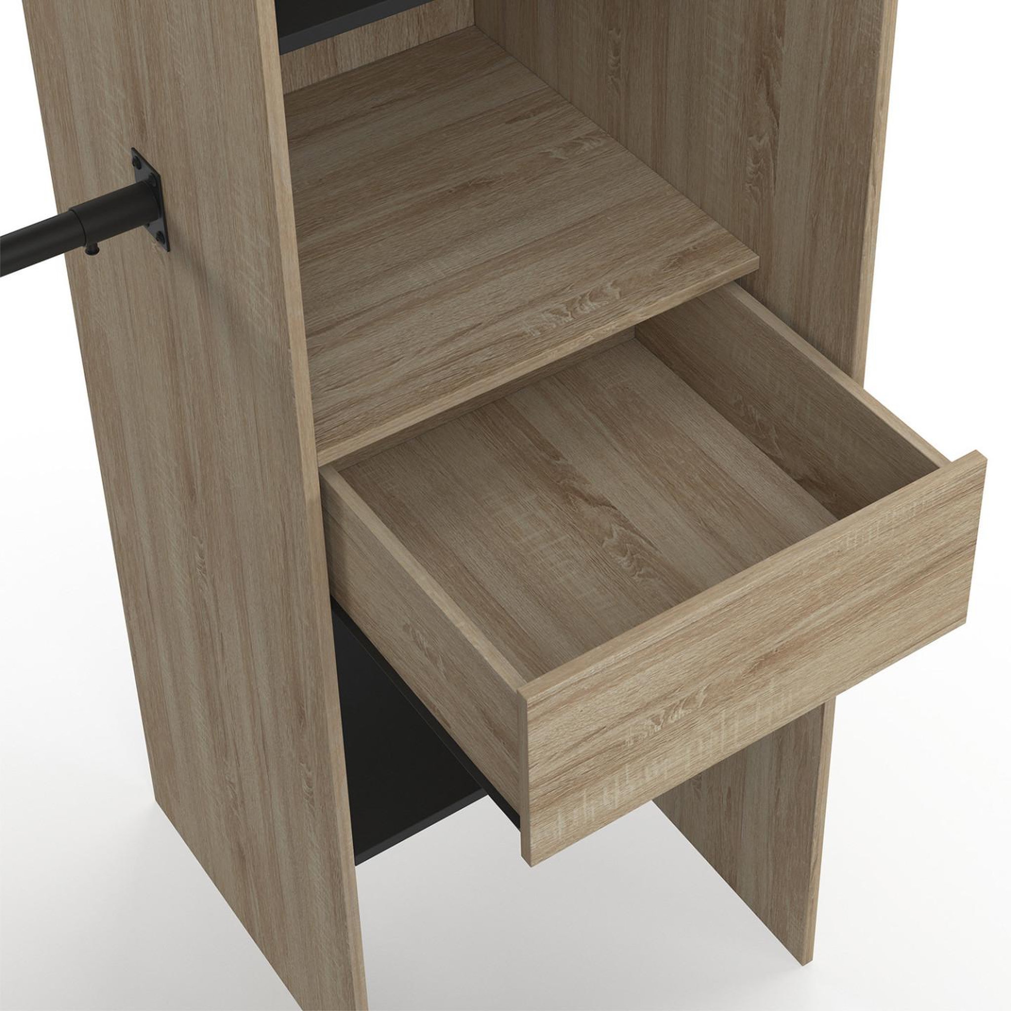 Voir la diapositive 5 : ID MARKET Dressing extensible d'angle marlon 230 x 140 x 180 cm hêtre avec penderies + étagères + rideaux noirs