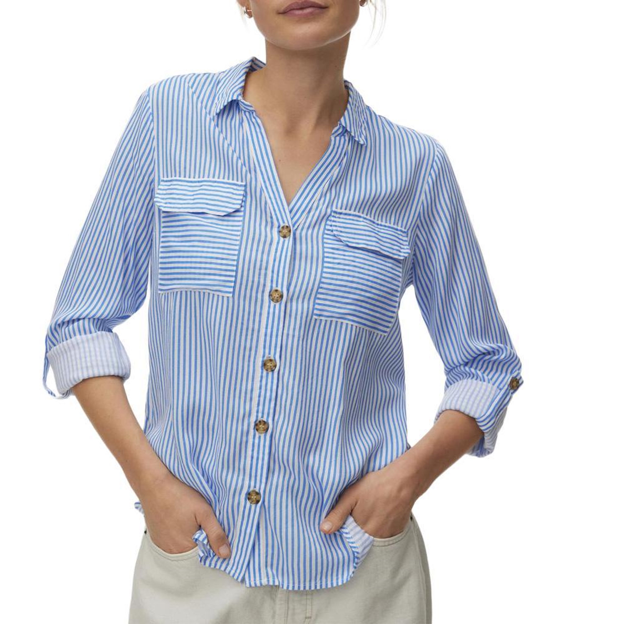 Vero Moda Chemise Bleu moyen/Blanc Femme Vero Moda Bumpy. Coloris disponibles : Bleu