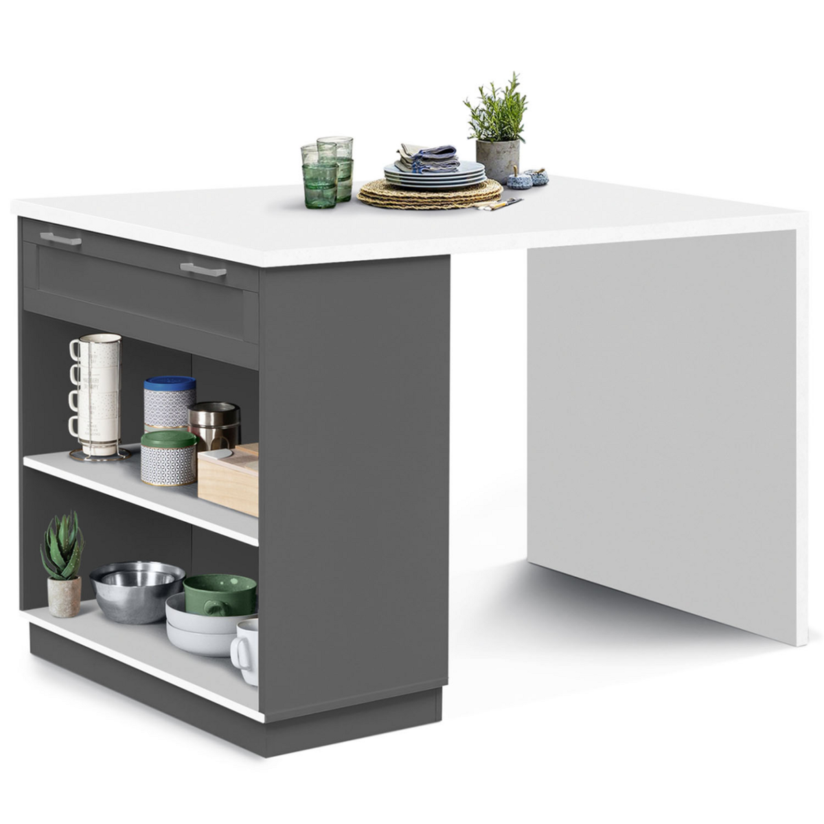 ID MARKET Ilot central mange-debout 4 personnes VITO 130 cm gris et plateau blanc