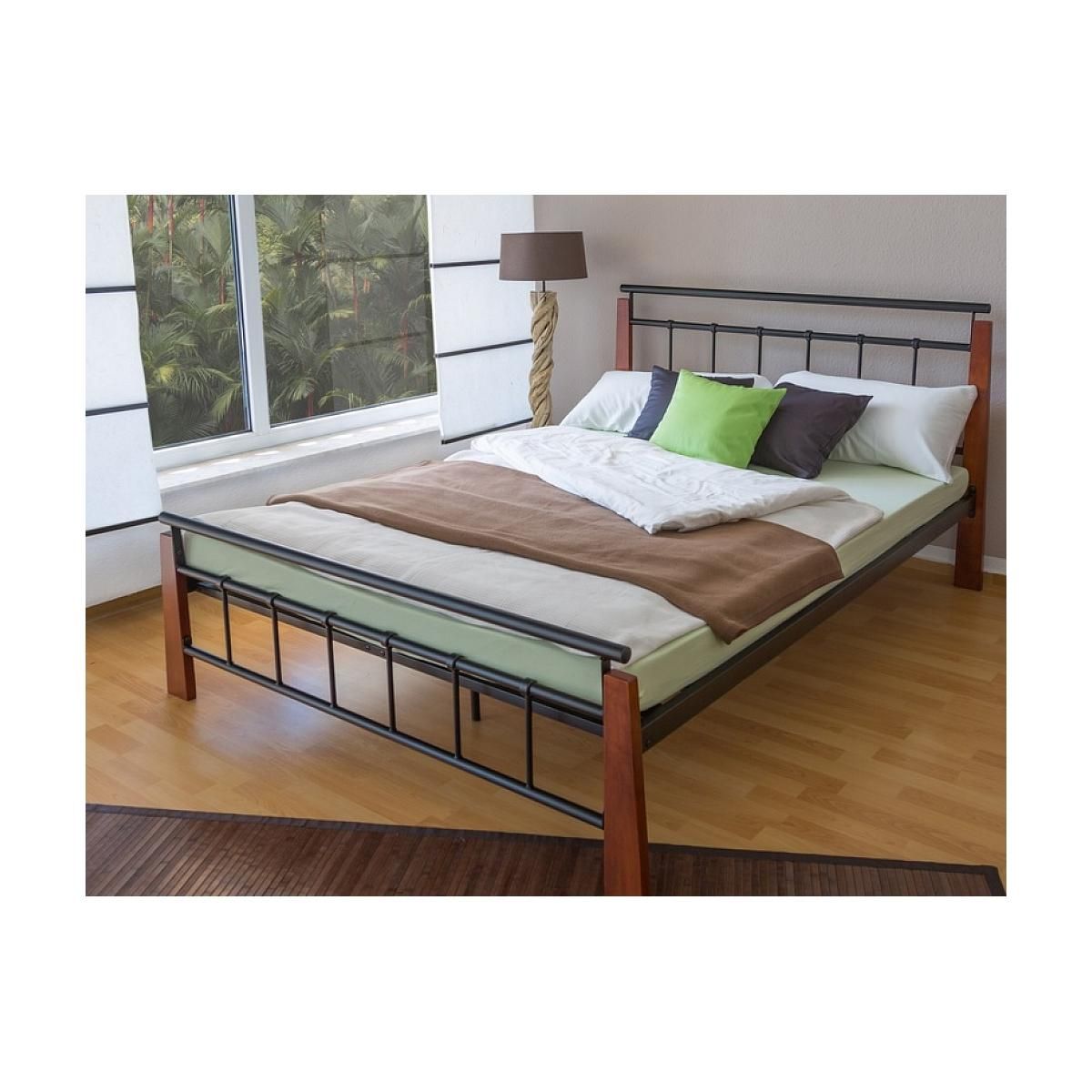 HomeStyle4U Design metal lit double 160 x 200 cadre de lit lattes bois neuf noir brun